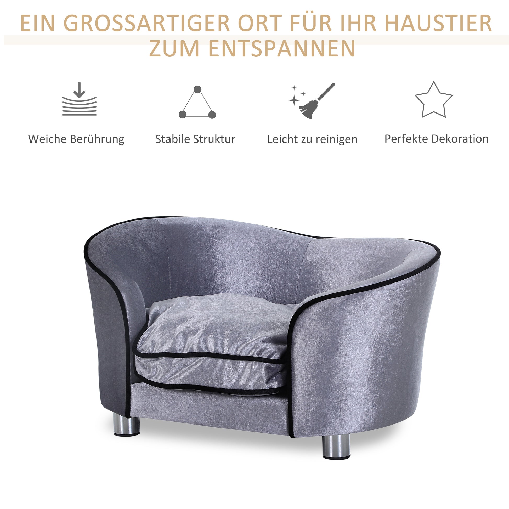 Luxury Pet Sofa with Pillow Cat Sofa Elevated Dog Bed Dog Couch Pet Bed Plush Pine Wood Light Gray 69 x 49 x 38 cm
