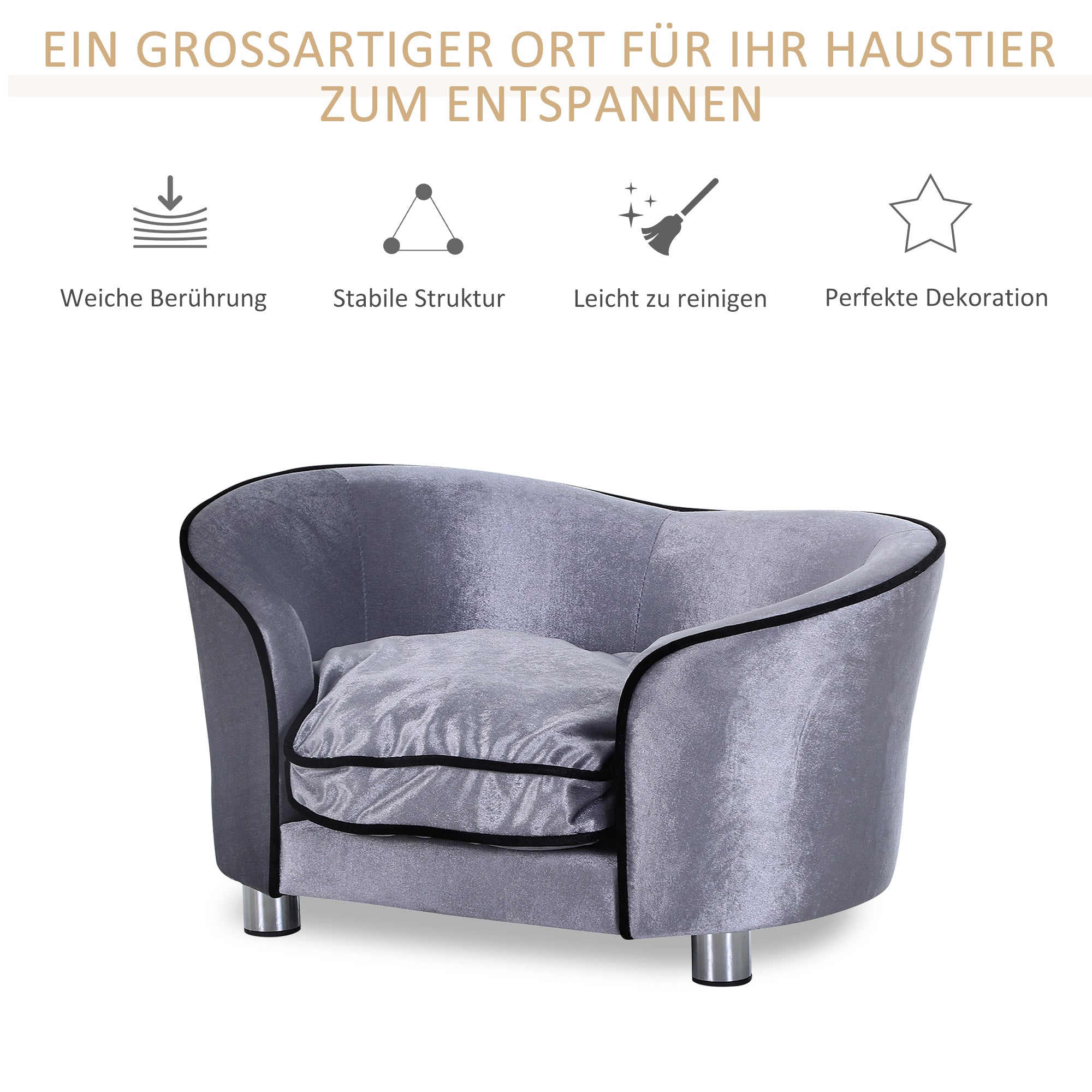 Luxury Pet Sofa with Pillow Cat Sofa Elevated Dog Bed Dog Couch Pet Bed Plush Pine Wood Light Gray 69 x 49 x 38 cm