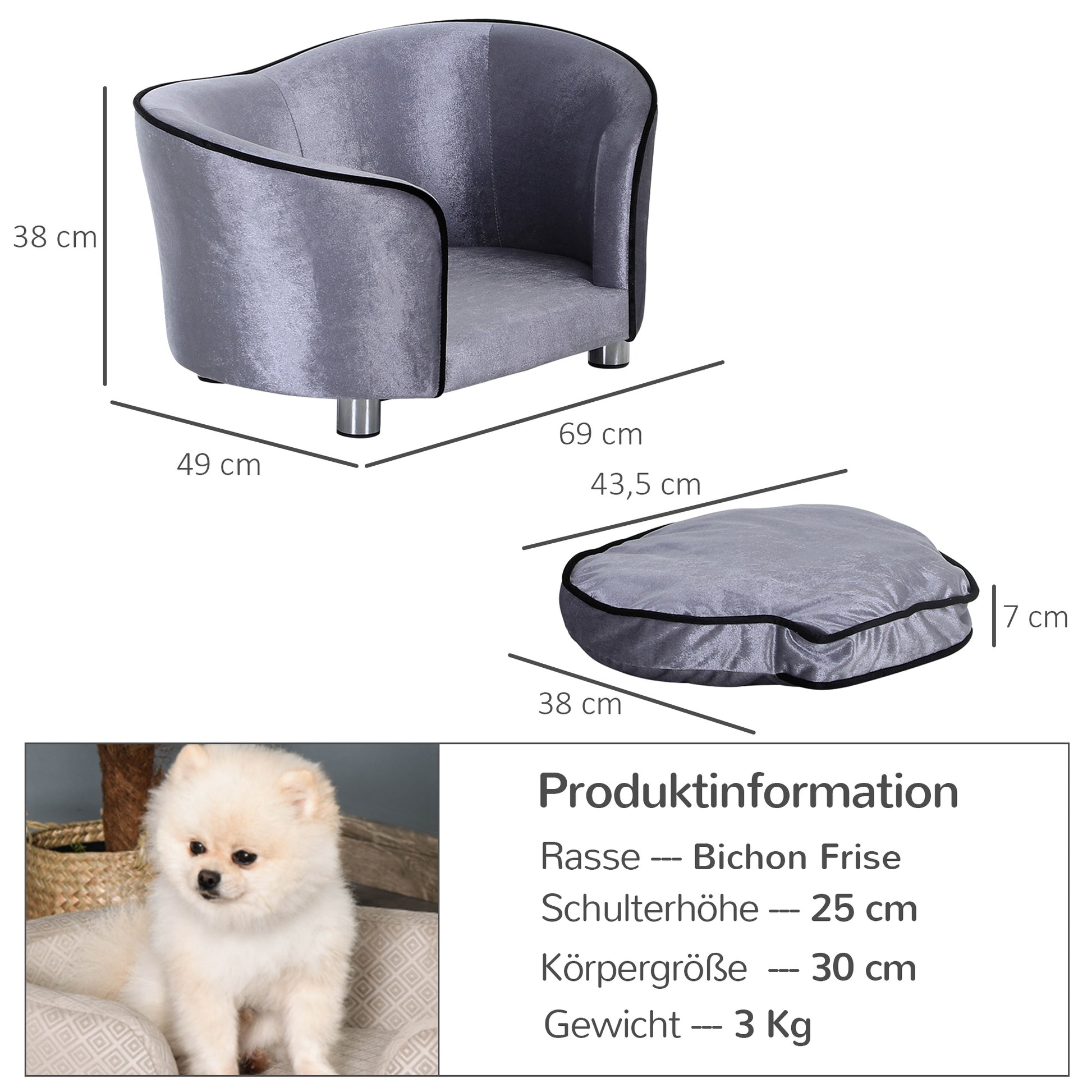 Luxury Pet Sofa with Pillow Cat Sofa Elevated Dog Bed Dog Couch Pet Bed Plush Pine Wood Light Gray 69 x 49 x 38 cm