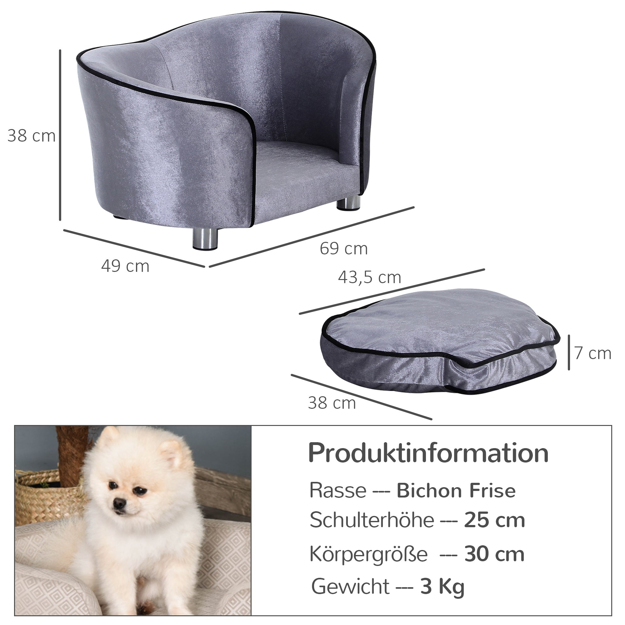 Luxury Pet Sofa with Pillow Cat Sofa Elevated Dog Bed Dog Couch Pet Bed Plush Pine Wood Light Gray 69 x 49 x 38 cm