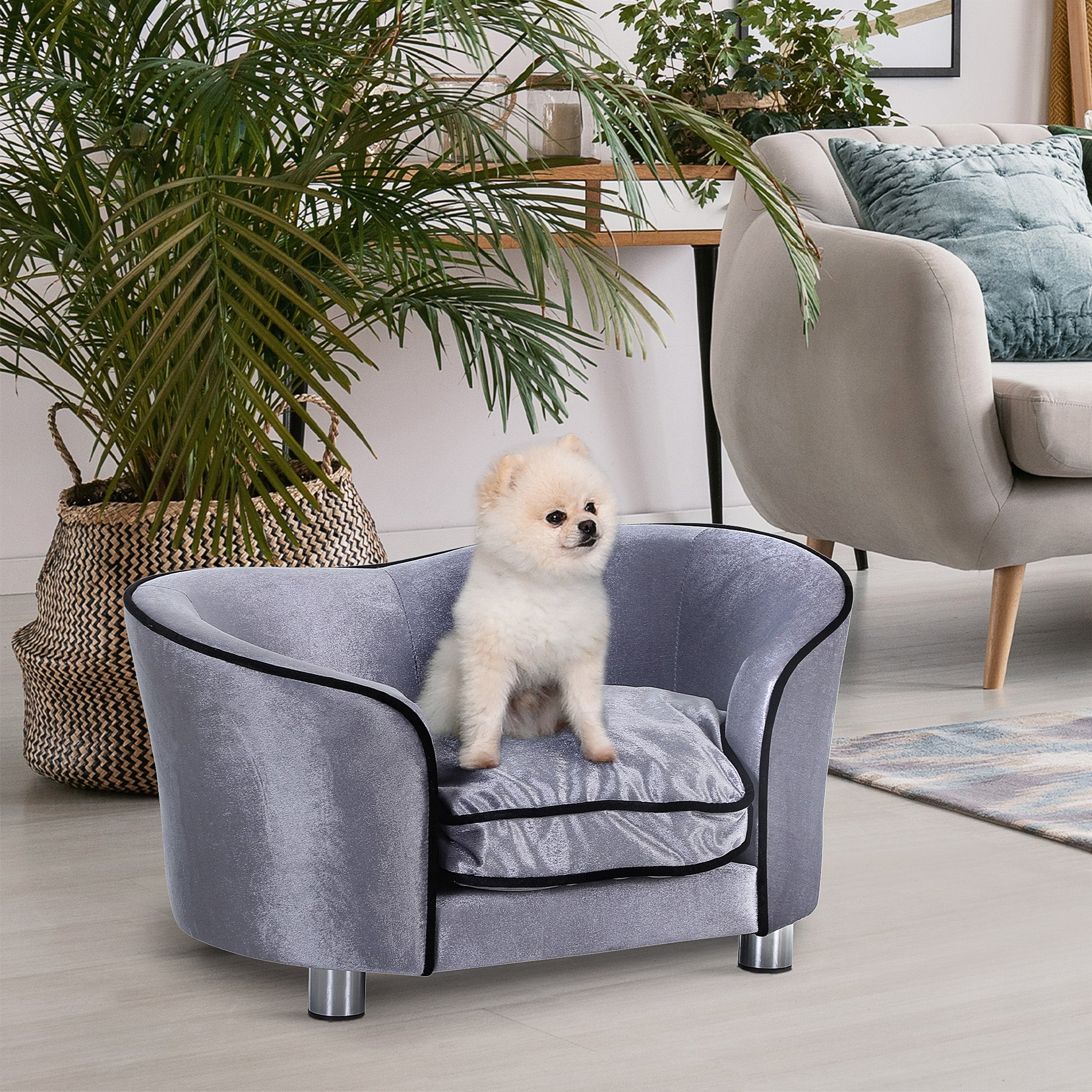 Luxury Pet Sofa with Pillow Cat Sofa Elevated Dog Bed Dog Couch Pet Bed Plush Pine Wood Light Gray 69 x 49 x 38 cm