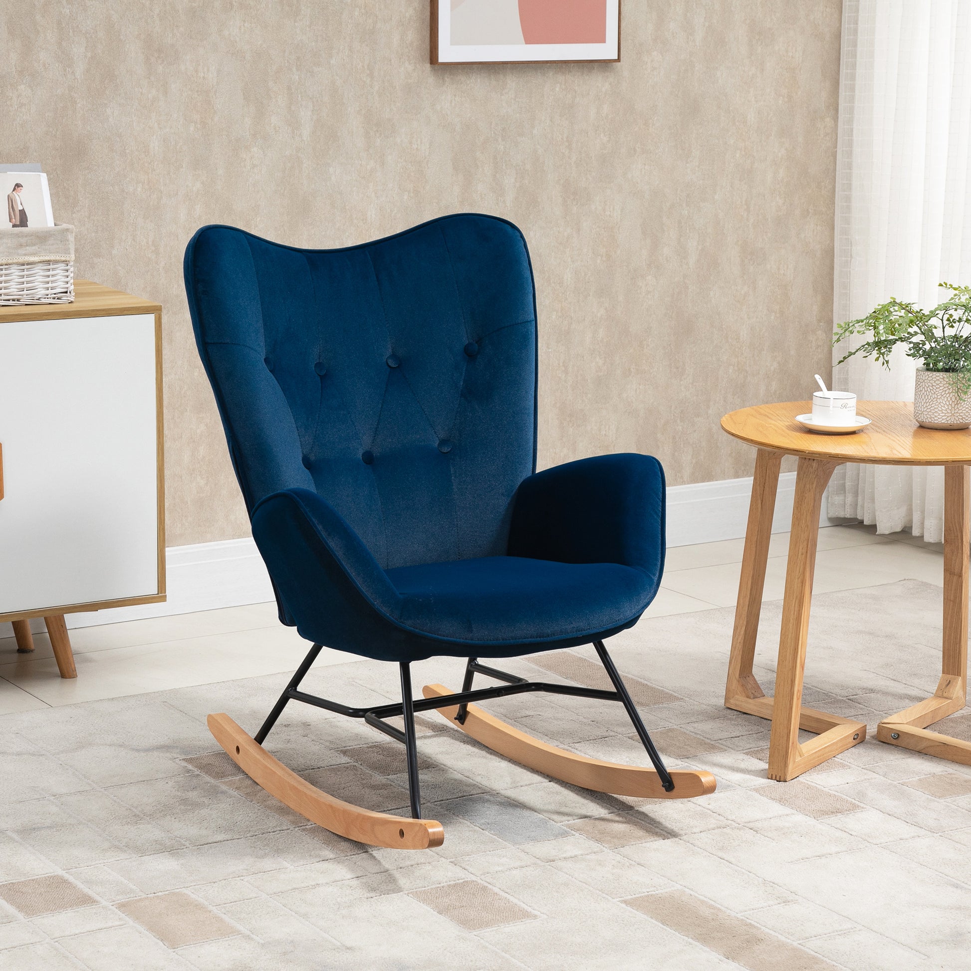 Rocking Chair, Ergonomic Rocking Armchair, Nursing Chair with Velvet Look, Rocking Chair up to 150 kg Load Capacity, for Bedroom, Living Room, Blue