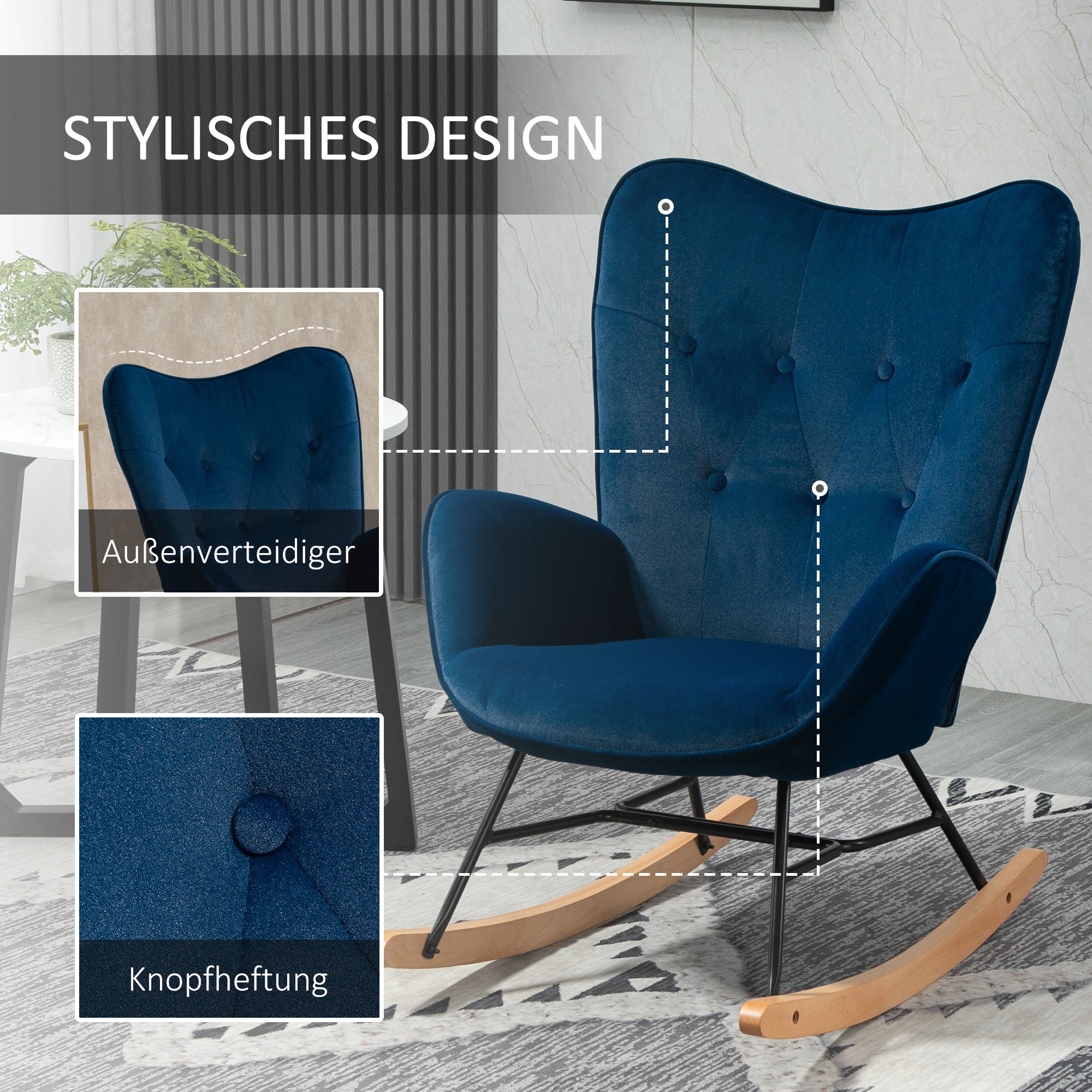 Rocking Chair, Ergonomic Rocking Armchair, Nursing Chair with Velvet Look, Rocking Chair up to 150 kg Load Capacity, for Bedroom, Living Room, Blue