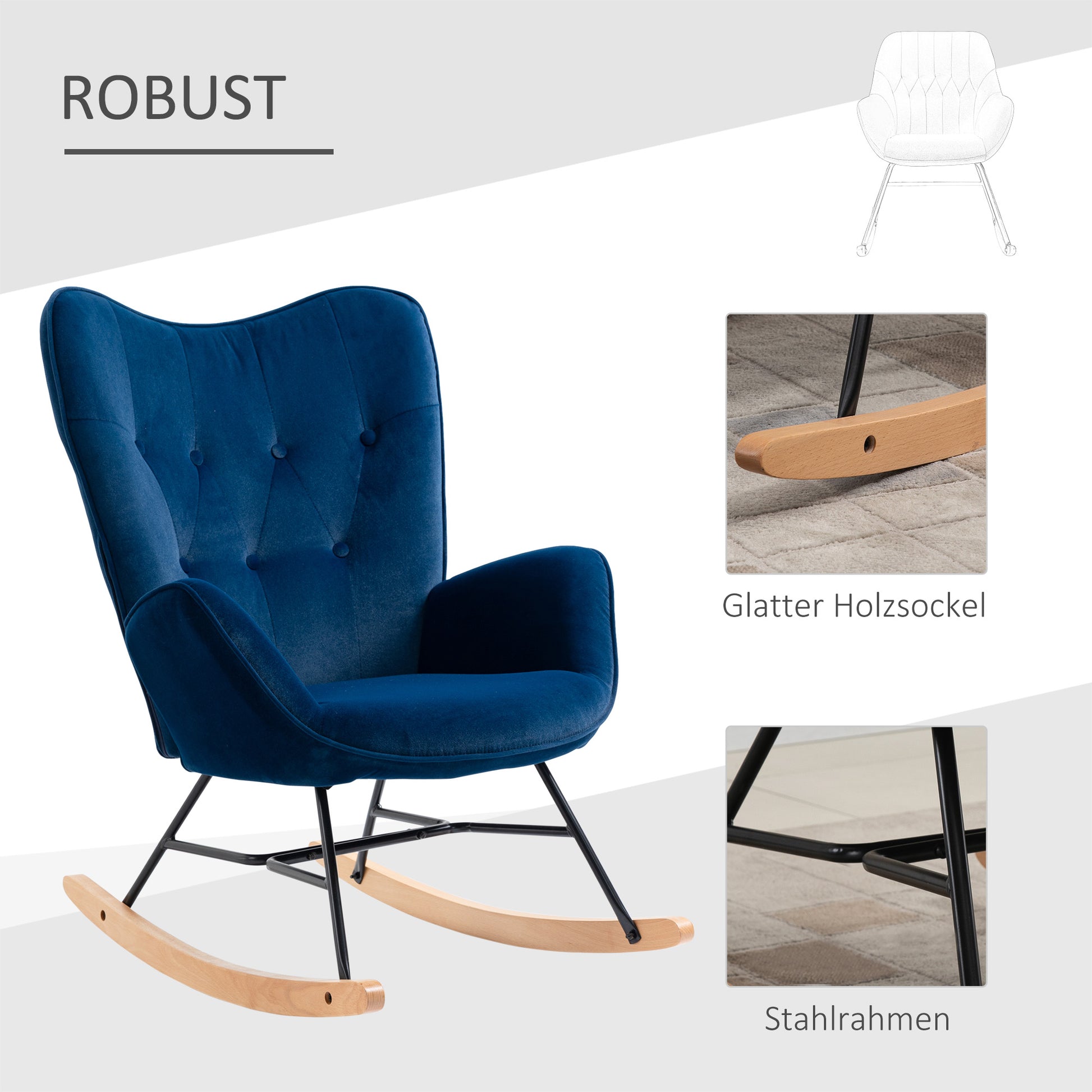 Rocking Chair, Ergonomic Rocking Armchair, Nursing Chair with Velvet Look, Rocking Chair up to 150 kg Load Capacity, for Bedroom, Living Room, Blue