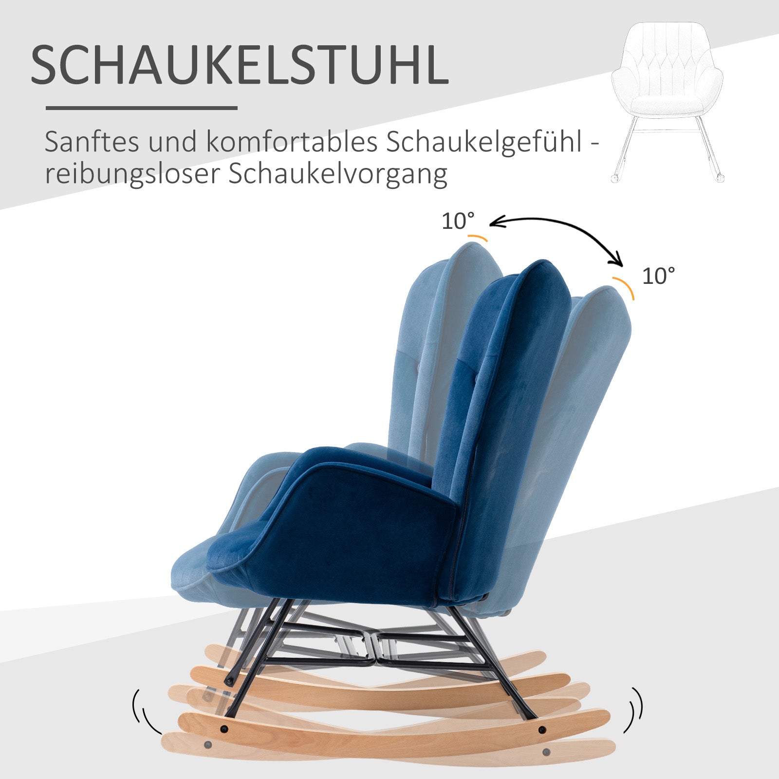 Rocking Chair, Ergonomic Rocking Armchair, Nursing Chair with Velvet Look, Rocking Chair up to 150 kg Load Capacity, for Bedroom, Living Room, Blue