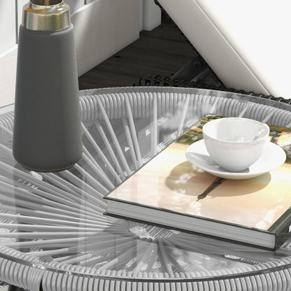 side table made of PE rattan round coffee table with glass tabletop tray garden table outdoor furniture coffee table sofa table bistro table for garden patio balcony, 50 x 50 x 50 cm, Gray