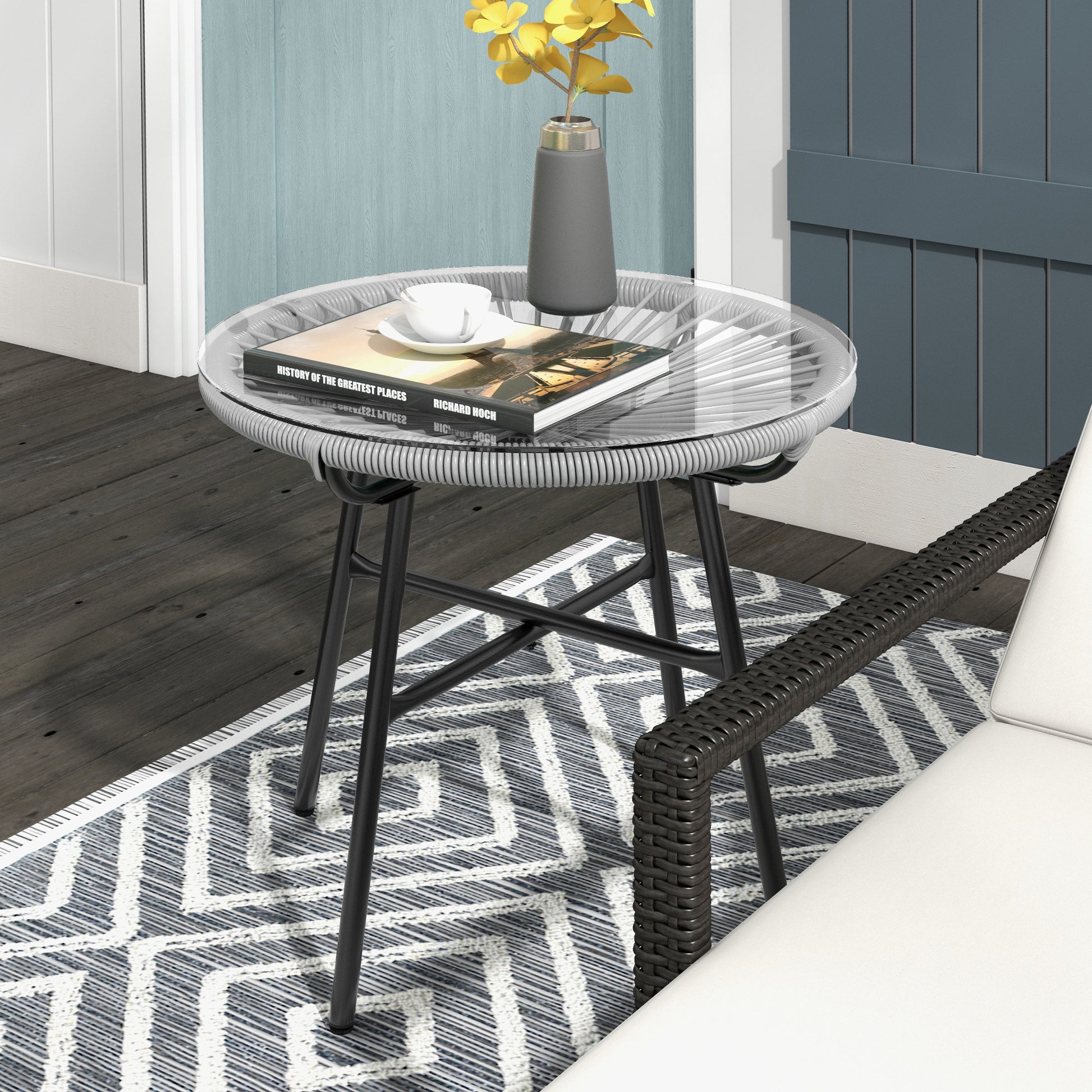 side table made of PE rattan round coffee table with glass tabletop tray garden table outdoor furniture coffee table sofa table bistro table for garden patio balcony, 50 x 50 x 50 cm, Gray