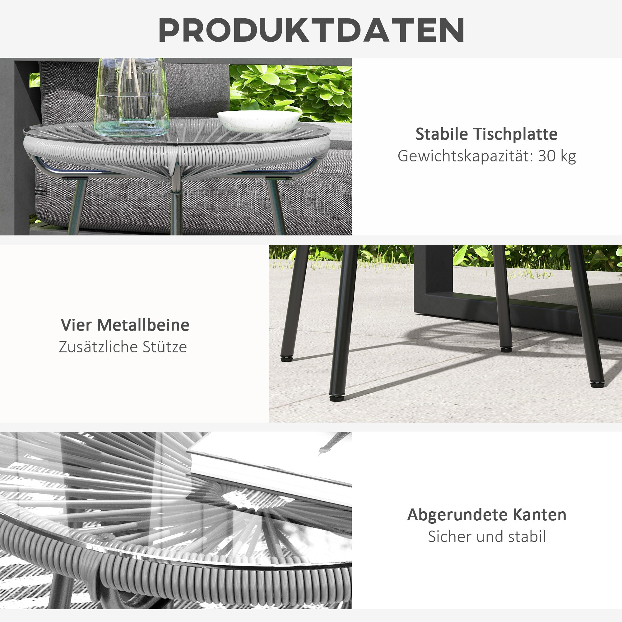 side table made of PE rattan round coffee table with glass tabletop tray garden table outdoor furniture coffee table sofa table bistro table for garden patio balcony, 50 x 50 x 50 cm, Gray