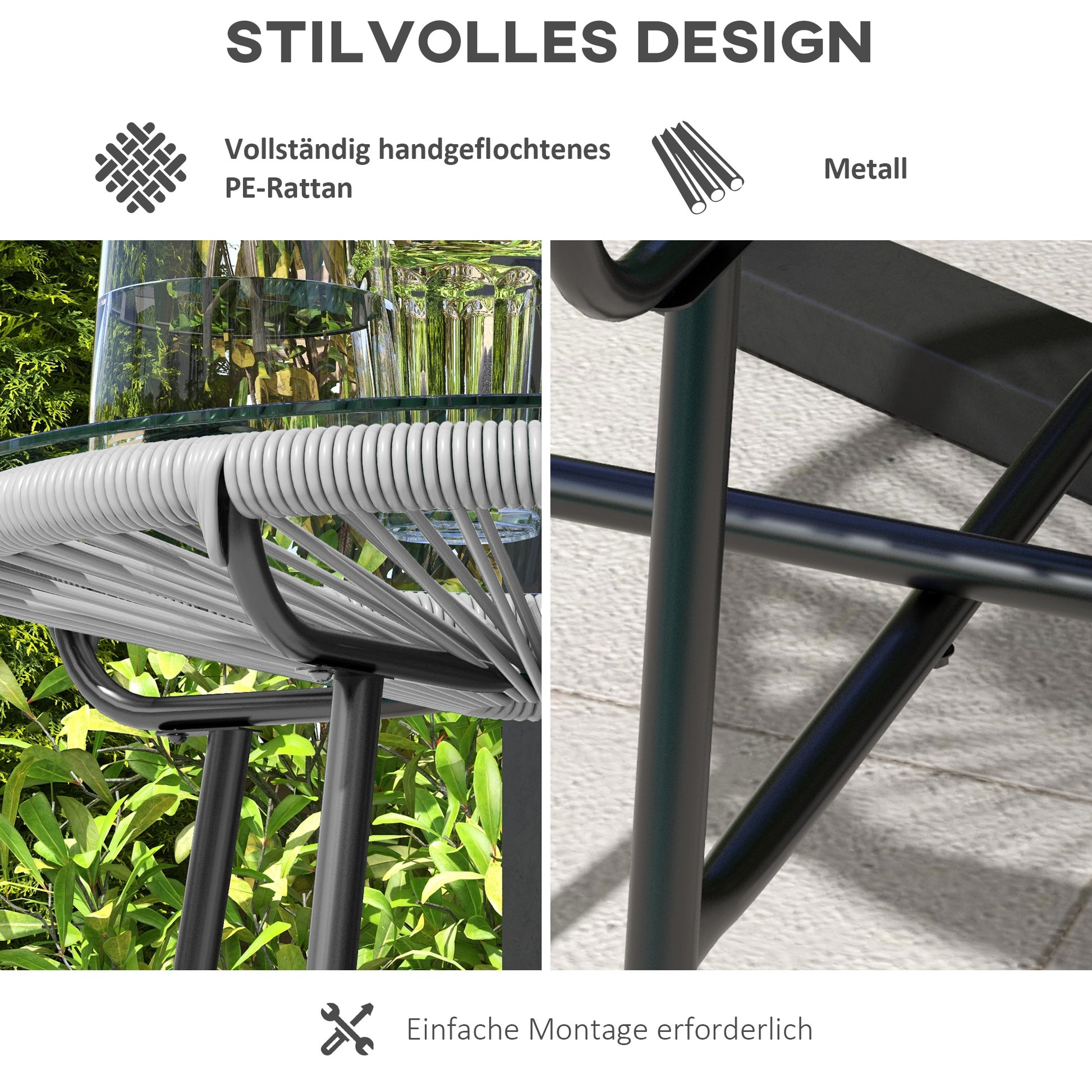 side table made of PE rattan round coffee table with glass tabletop tray garden table outdoor furniture coffee table sofa table bistro table for garden patio balcony, 50 x 50 x 50 cm, Gray