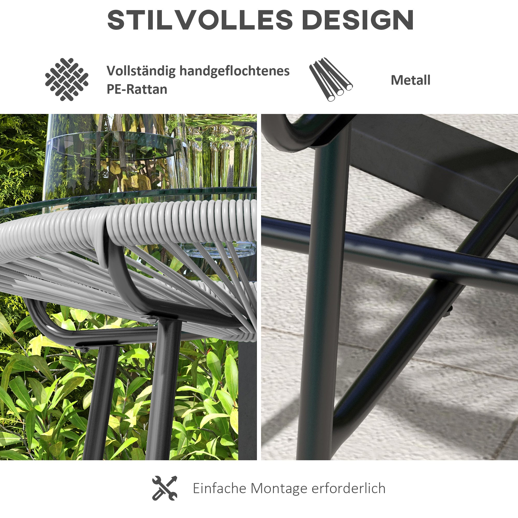 side table made of PE rattan round coffee table with glass tabletop tray garden table outdoor furniture coffee table sofa table bistro table for garden patio balcony, 50 x 50 x 50 cm, Gray