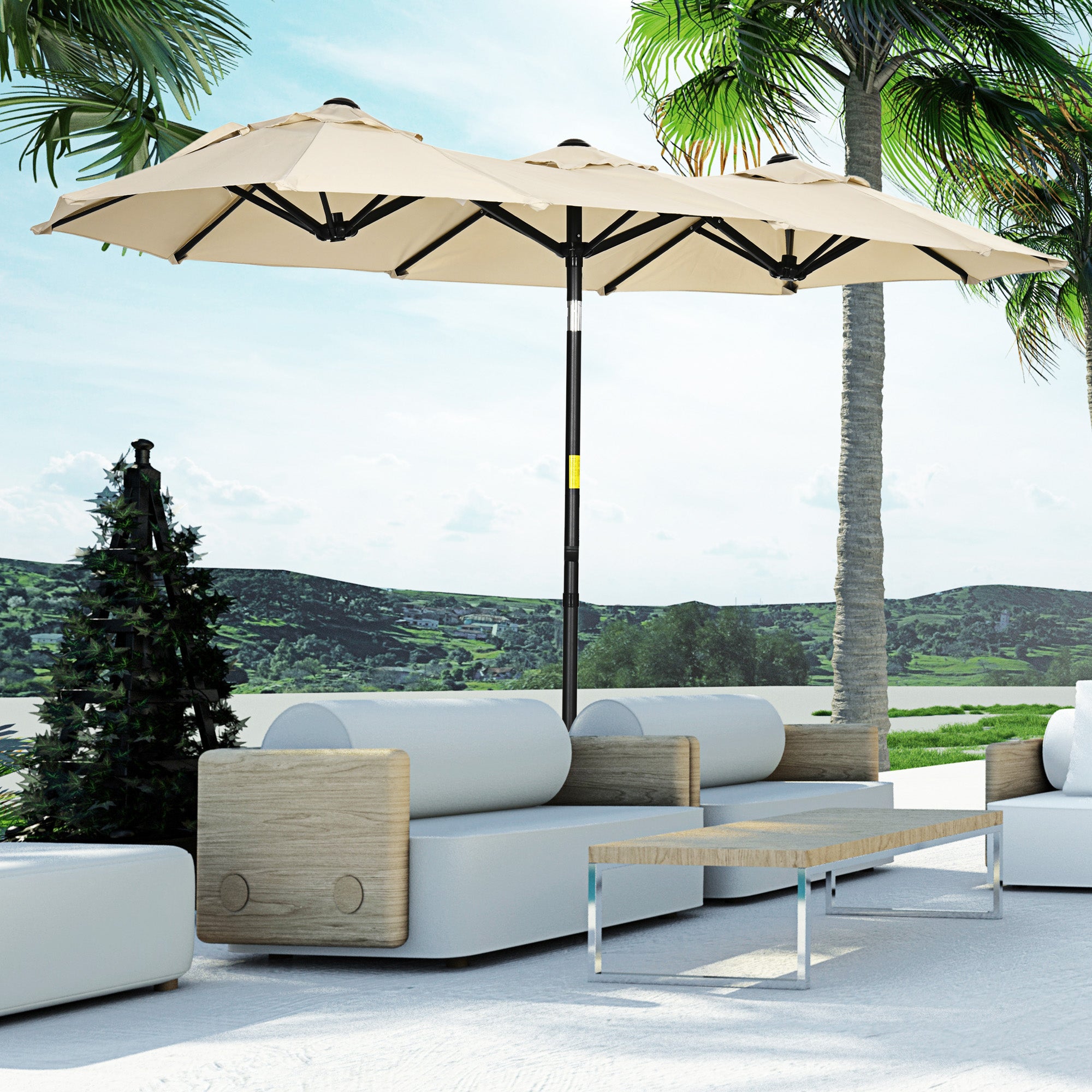 Double Sun Umbrella, 285x147cm Garden Umbrella with Hand Crank, Metal Pole, Oval Market Umbrella with Wind Vent, Windproof Double Sun Umbrella with Adjustable Tilt Angle, for Patio, Pool Khaki