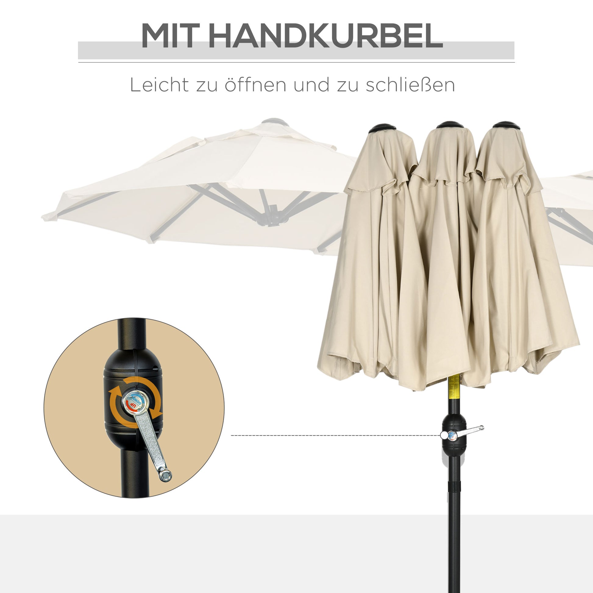 Double Sun Umbrella, 285x147cm Garden Umbrella with Hand Crank, Metal Pole, Oval Market Umbrella with Wind Vent, Windproof Double Sun Umbrella with Adjustable Tilt Angle, for Patio, Pool Khaki
