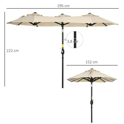 Double Sun Umbrella, 285x147cm Garden Umbrella with Hand Crank, Metal Pole, Oval Market Umbrella with Wind Vent, Windproof Double Sun Umbrella with Adjustable Tilt Angle, for Patio, Pool Khaki