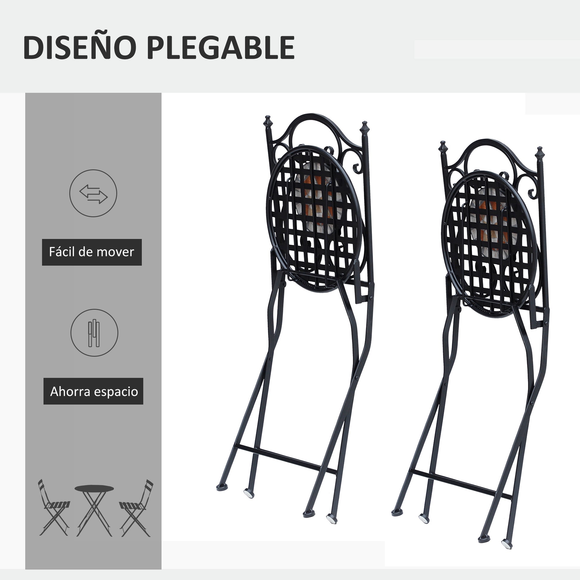 Set of 2 Folding Garden Chairs Bistro Mosaic Seat for Terrace Balcony Metal Load 120 kg 50x40x94.5 cm Black