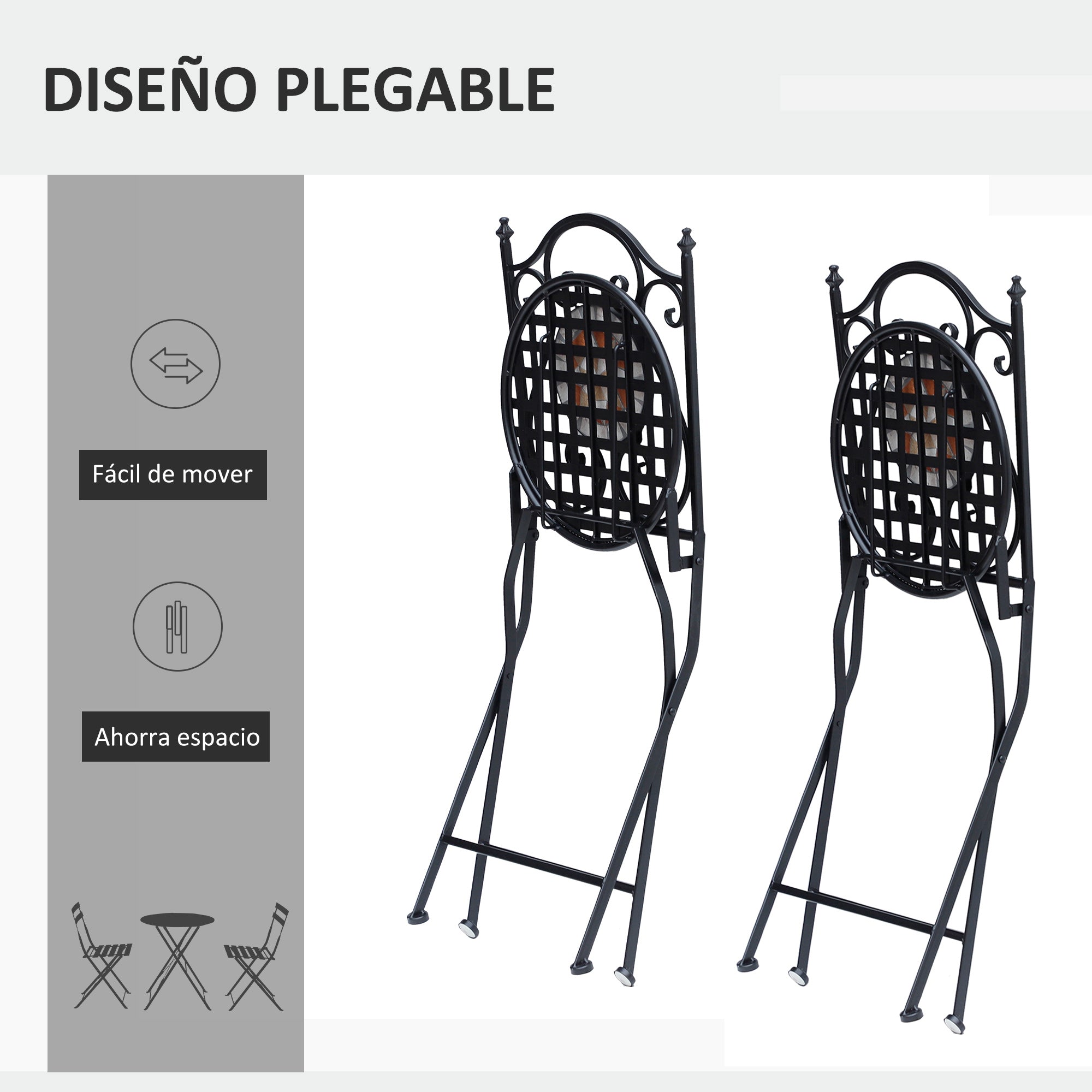 Set of 2 Folding Garden Chairs Bistro Mosaic Seat for Terrace Balcony Metal Load 120 kg 50x40x94.5 cm Black