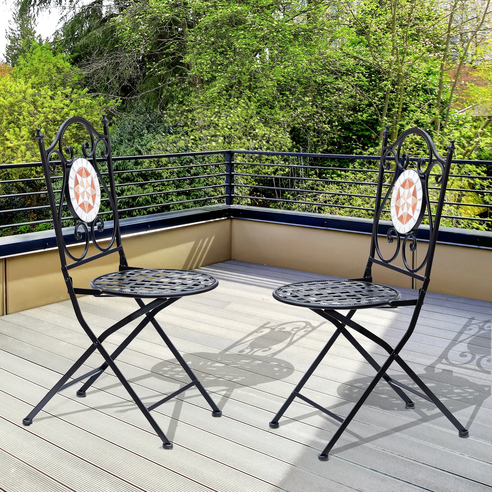 Set of 2 Folding Garden Chairs Bistro Mosaic Seat for Terrace Balcony Metal Load 120 kg 50x40x94.5 cm Black