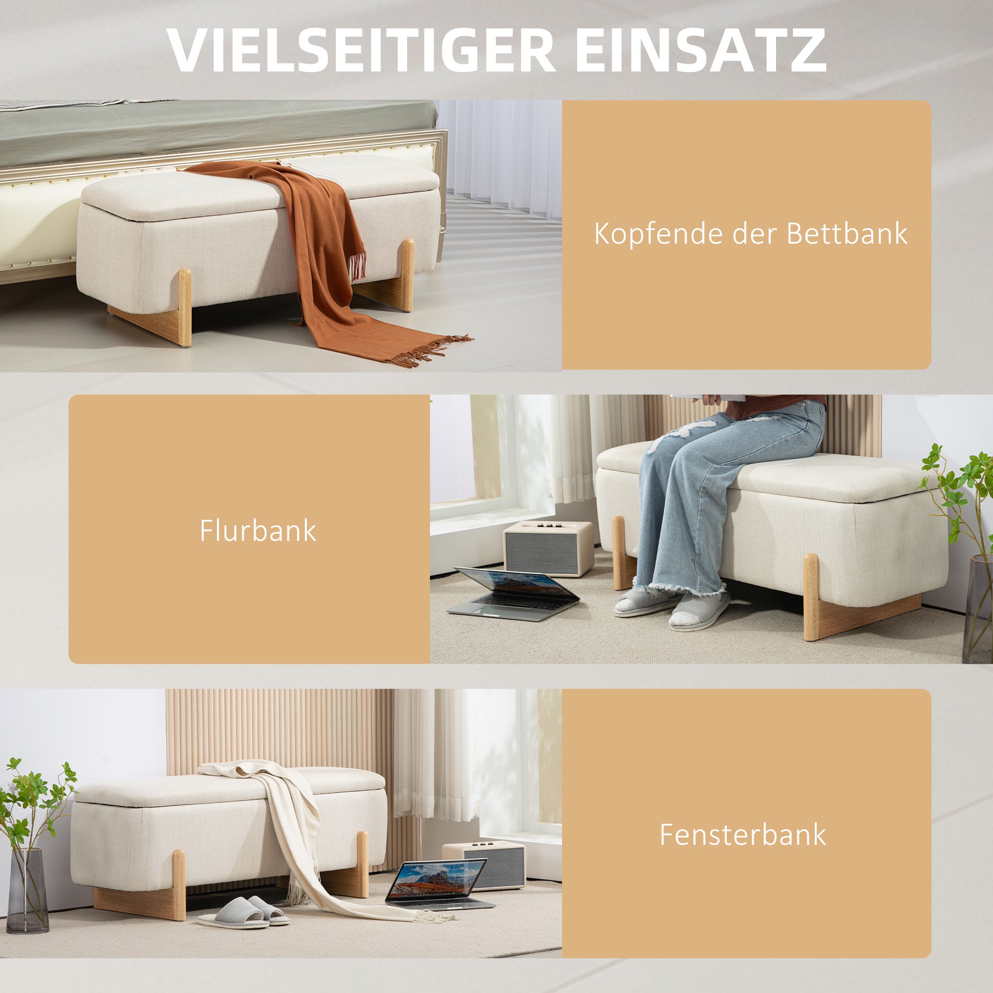 Storage Bench, Upholstered Bench with Linen Look, Wooden Legs, Bed Bench with Safety Hinges for Living Room, Bedroom, Hallway, 111 x 44 x 44.5 cm, Cream