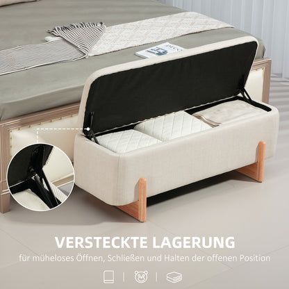 Storage Bench, Upholstered Bench with Linen Look, Wooden Legs, Bed Bench with Safety Hinges for Living Room, Bedroom, Hallway, 111 x 44 x 44.5 cm, Cream