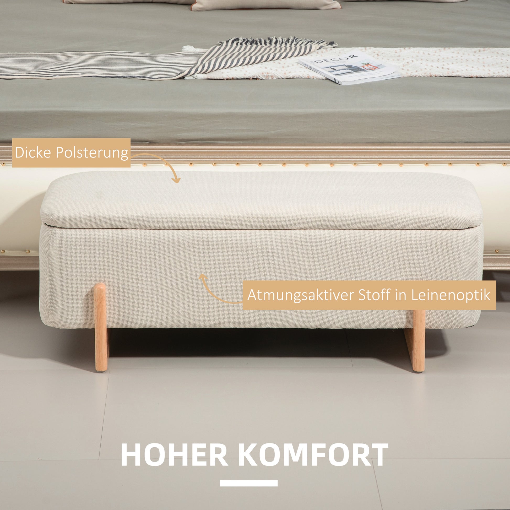 Storage Bench, Upholstered Bench with Linen Look, Wooden Legs, Bed Bench with Safety Hinges for Living Room, Bedroom, Hallway, 111 x 44 x 44.5 cm, Cream