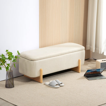 Storage Bench, Upholstered Bench with Linen Look, Wooden Legs, Bed Bench with Safety Hinges for Living Room, Bedroom, Hallway, 111 x 44 x 44.5 cm, Cream