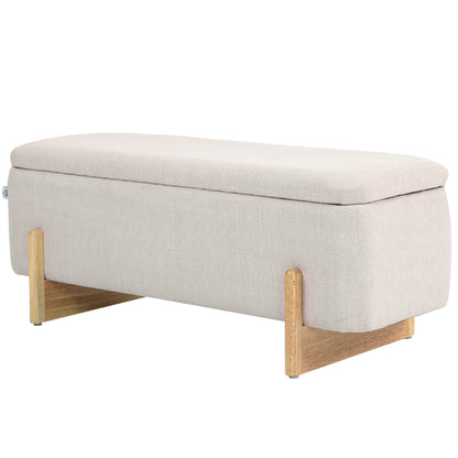 Storage Bench, Upholstered Bench with Linen Look, Wooden Legs, Bed Bench with Safety Hinges for Living Room, Bedroom, Hallway, 111 x 44 x 44.5 cm, Cream