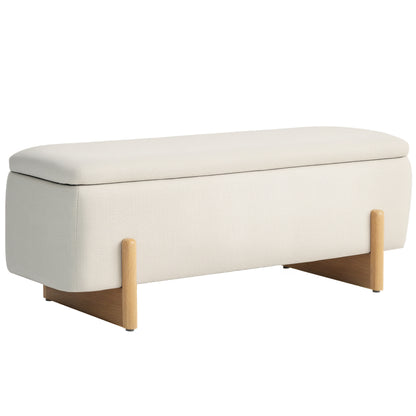 Storage Bench, Upholstered Bench with Linen Look, Wooden Legs, Bed Bench with Safety Hinges for Living Room, Bedroom, Hallway, 111 x 44 x 44.5 cm, Cream