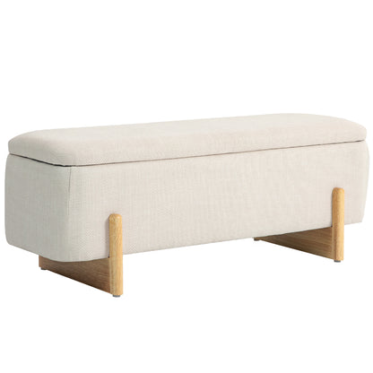 Storage Bench, Upholstered Bench with Linen Look, Wooden Legs, Bed Bench with Safety Hinges for Living Room, Bedroom, Hallway, 111 x 44 x 44.5 cm, Cream