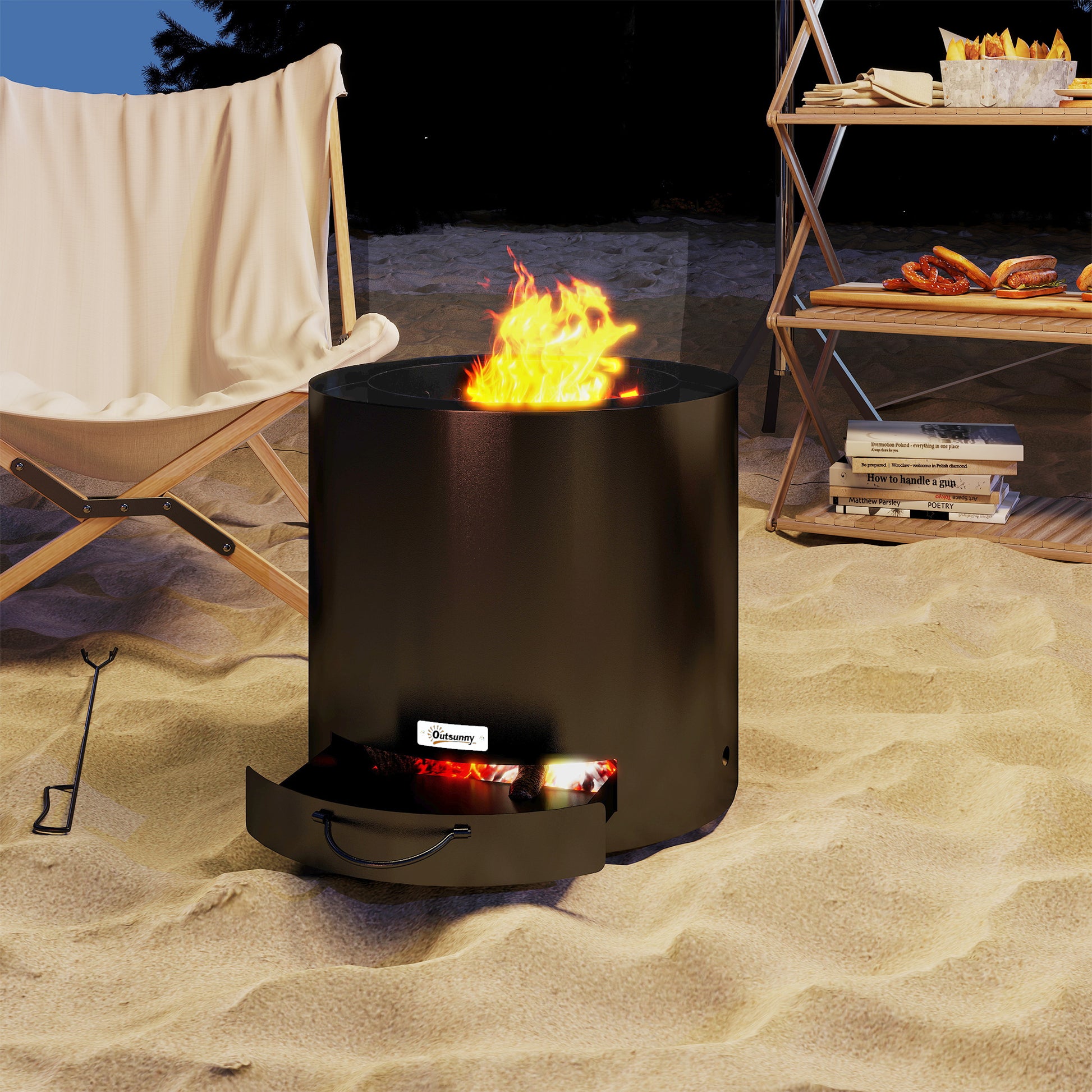 Fire Pit Ø45 x 42cm Made of Steel Fire Pit with Poker Ash Tray Fire Pits for Garden, Balcony Terrace, Outdoor BBQ Camping Black