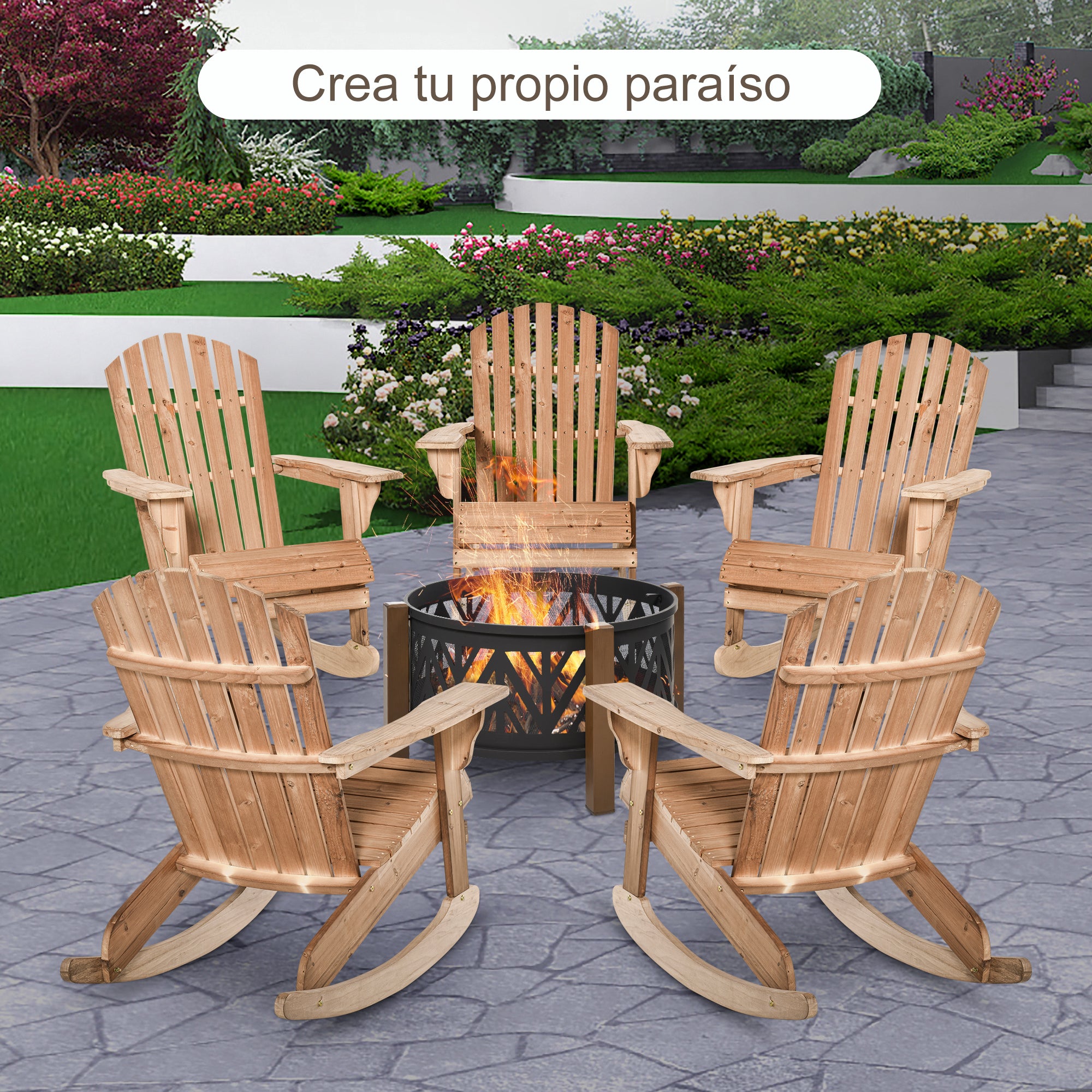 Adirondack Wood Rocking Chair Natural Wood 77x94x97 cm for Garden Patio Outdoor Rustic Style Load 130kg Teca Color