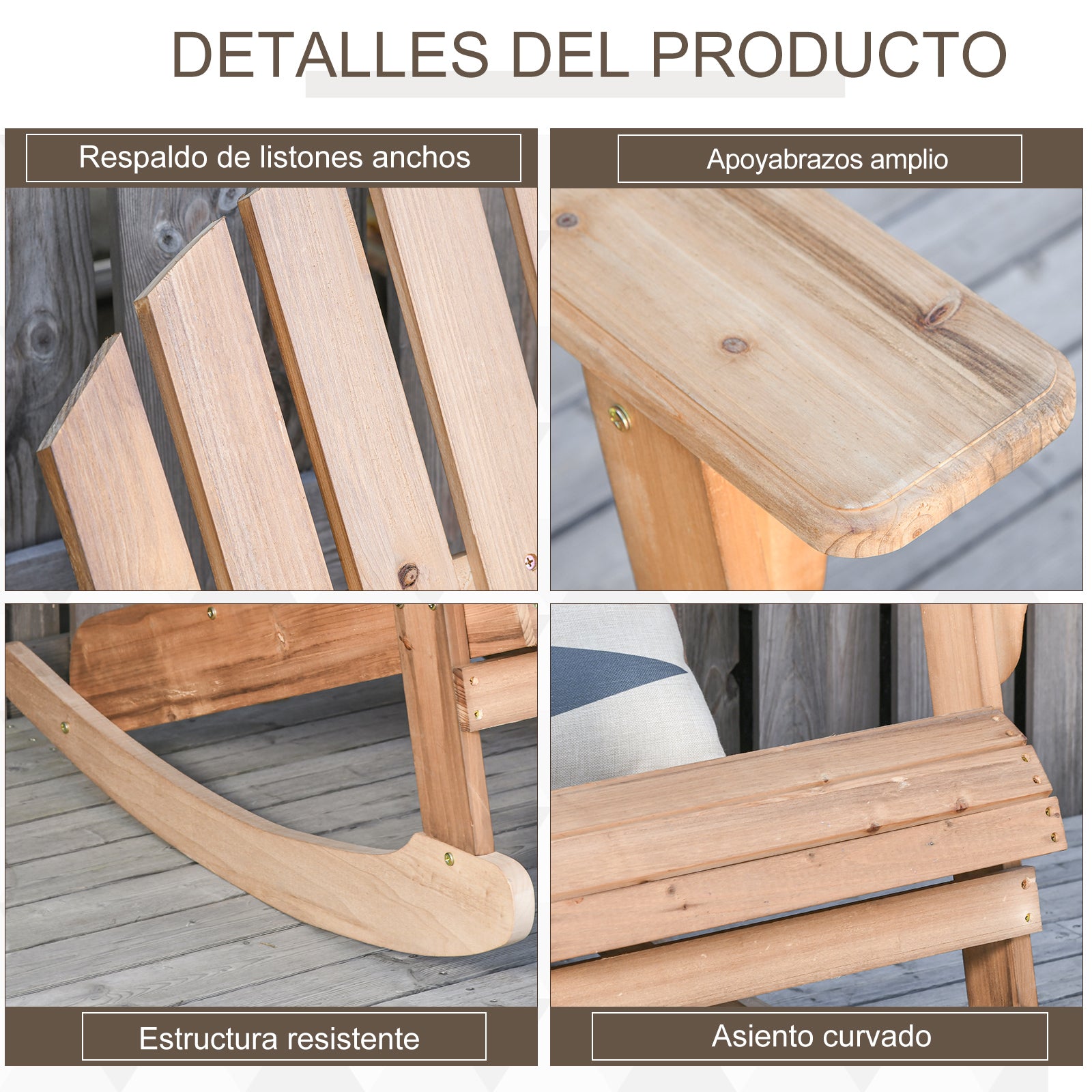 Adirondack Wood Rocking Chair Natural Wood 77x94x97 cm for Garden Patio Outdoor Rustic Style Load 130kg Teca Color