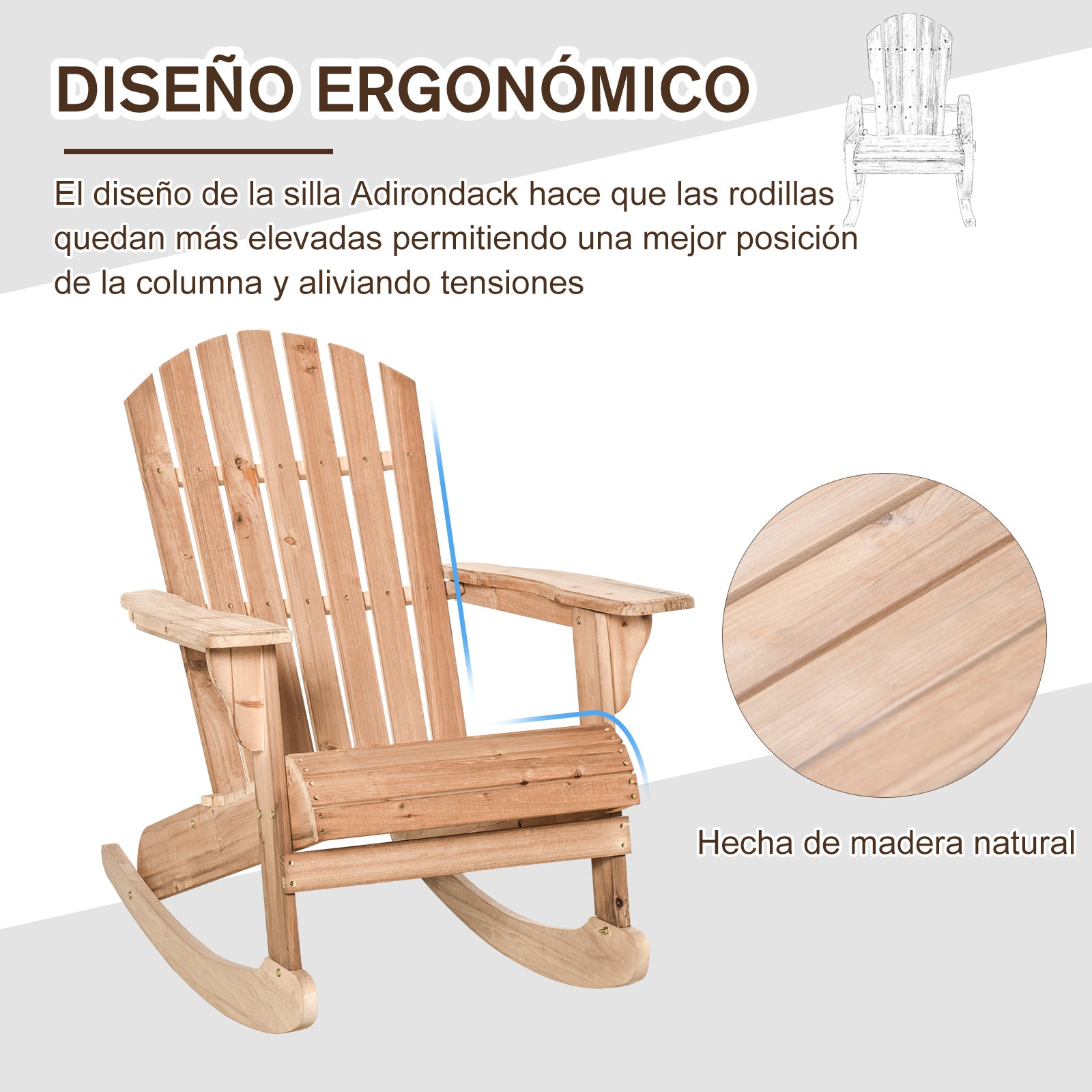 Adirondack Wood Rocking Chair Natural Wood 77x94x97 cm for Garden Patio Outdoor Rustic Style Load 130kg Teca Color