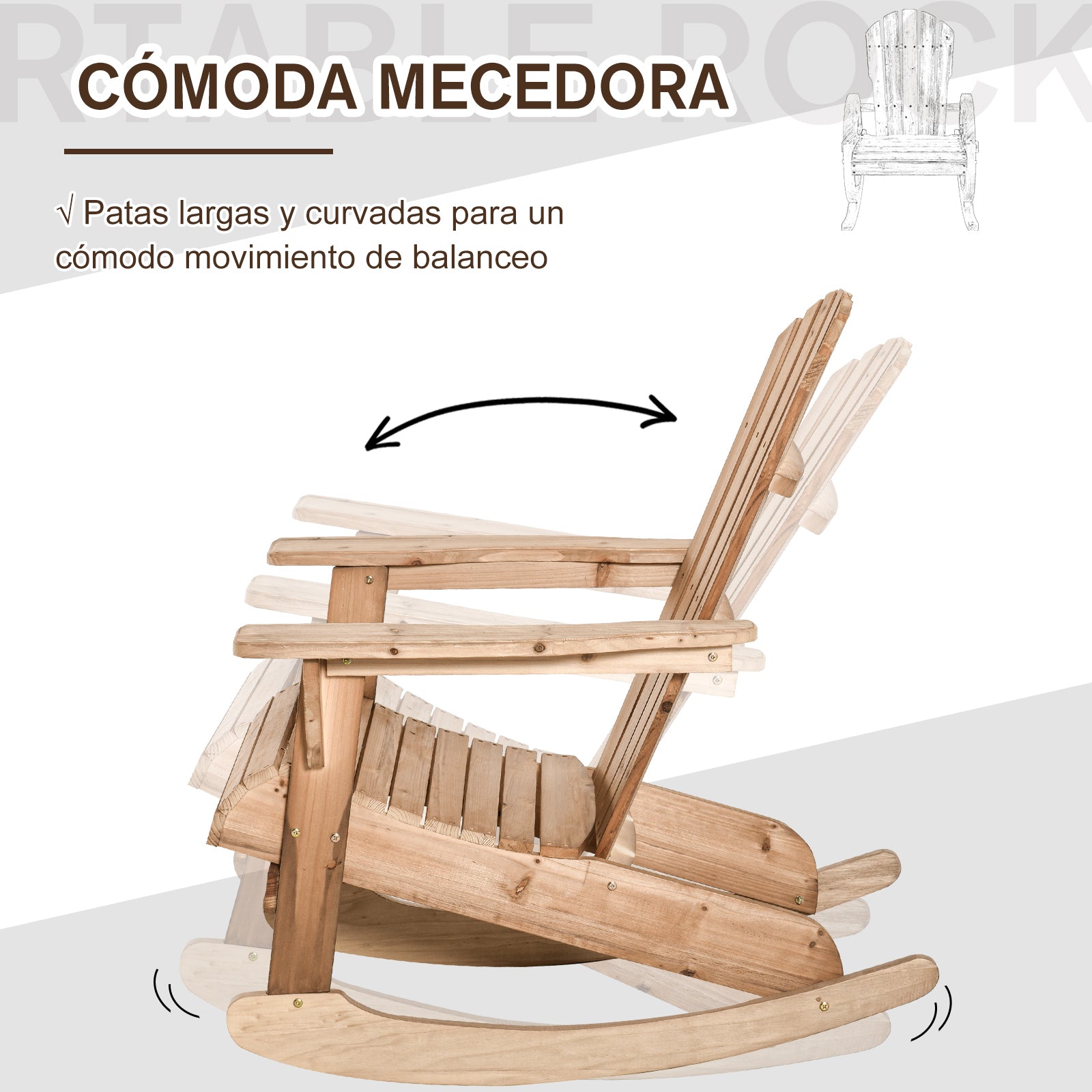 Adirondack Wood Rocking Chair Natural Wood 77x94x97 cm for Garden Patio Outdoor Rustic Style Load 130kg Teca Color