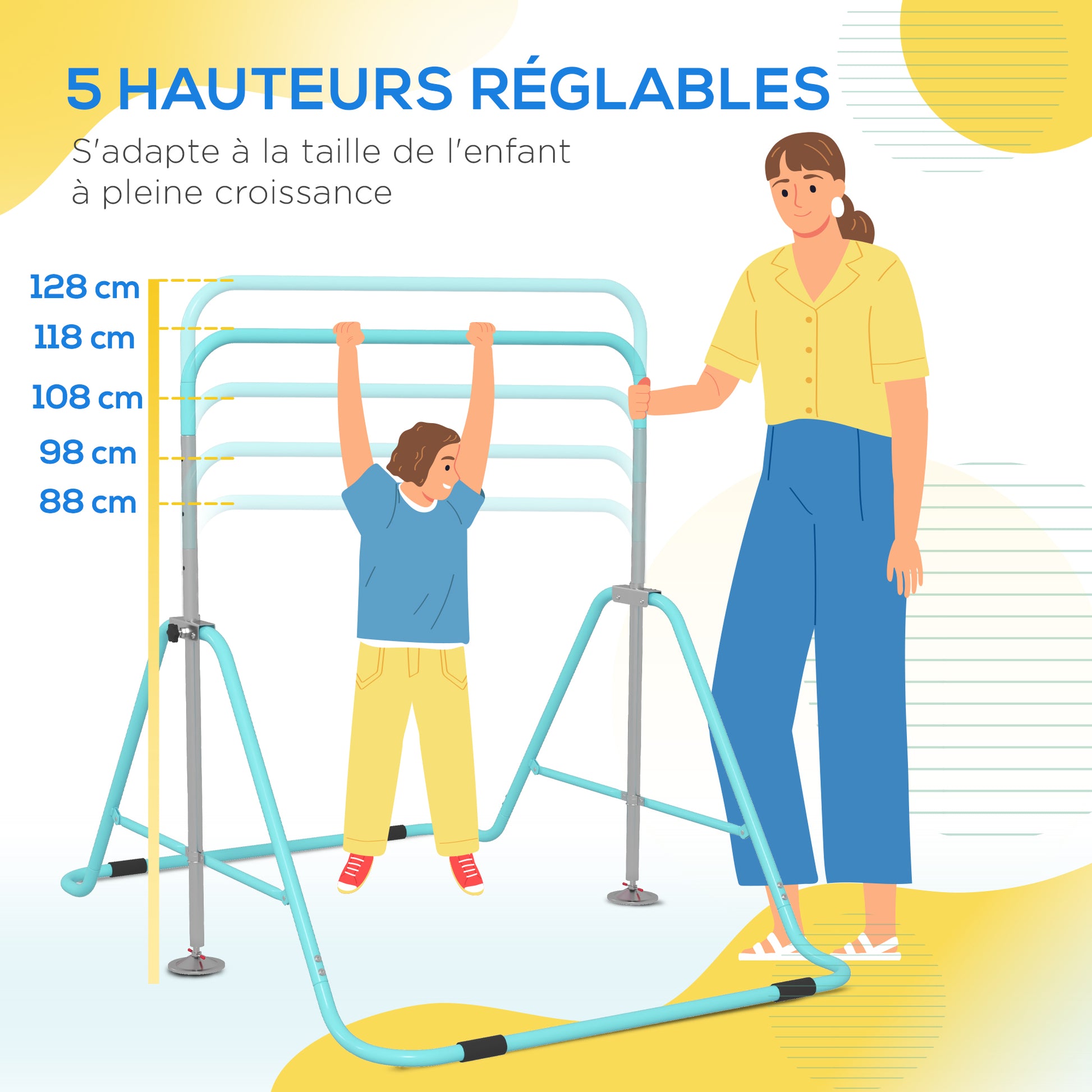 Folding Gymnastics Horizontal Bar for Kids - Adjustable Height from 88 to 128 cm - with Triangular Steel Base - Green