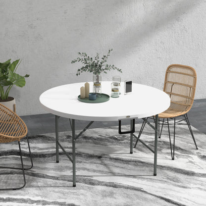 Round Side Table Folding Garden Table with Steel Frame and HDPE Top Load 80 kg for Indoor and Outdoor Use Ø122x73 cm White