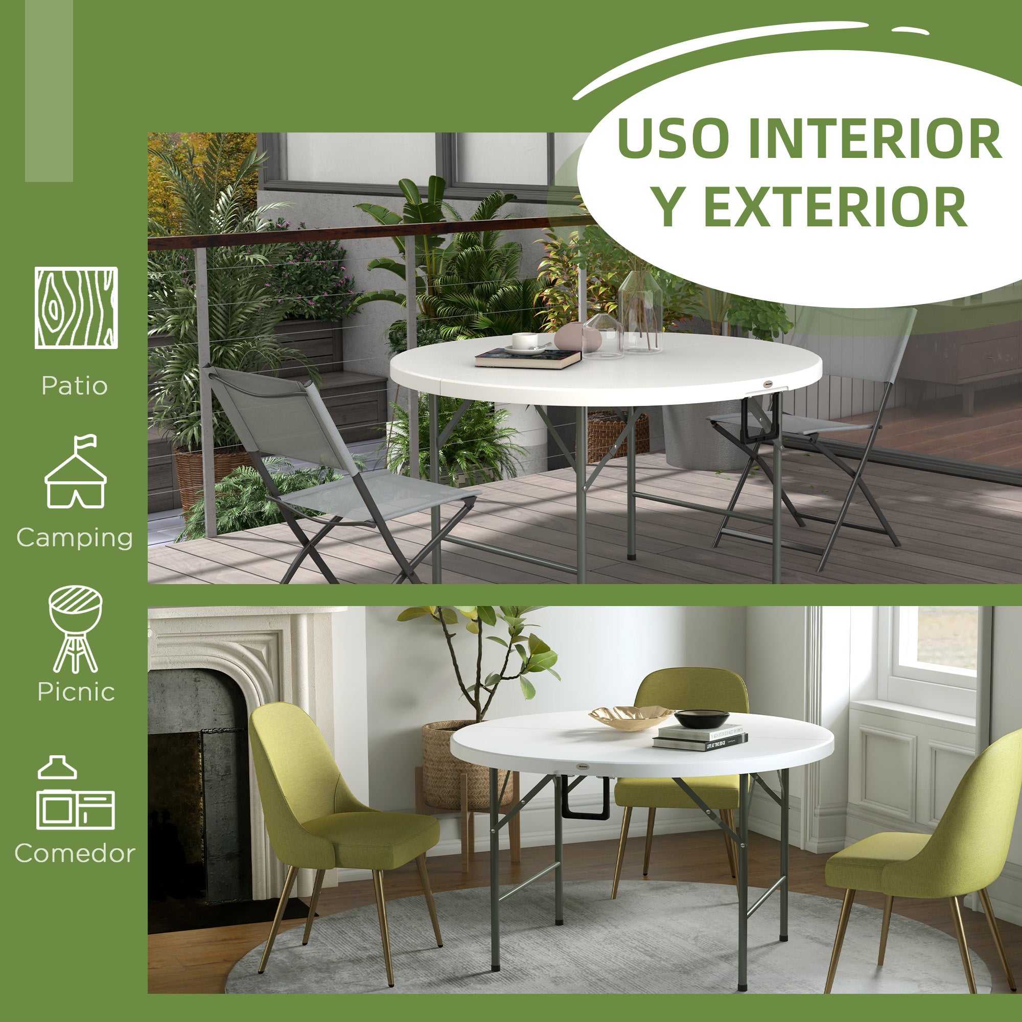Round Side Table Folding Garden Table with Steel Frame and HDPE Top Load 80 kg for Indoor and Outdoor Use Ø122x73 cm White