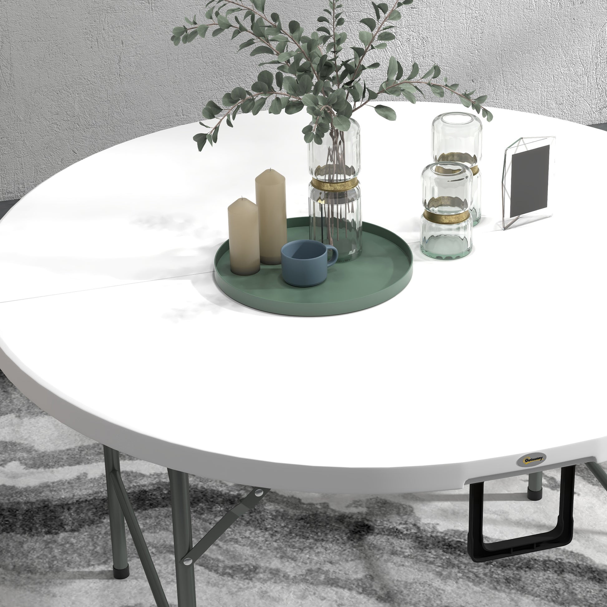 Round Side Table Folding Garden Table with Steel Frame and HDPE Top Load 80 kg for Indoor and Outdoor Use Ø122x73 cm White