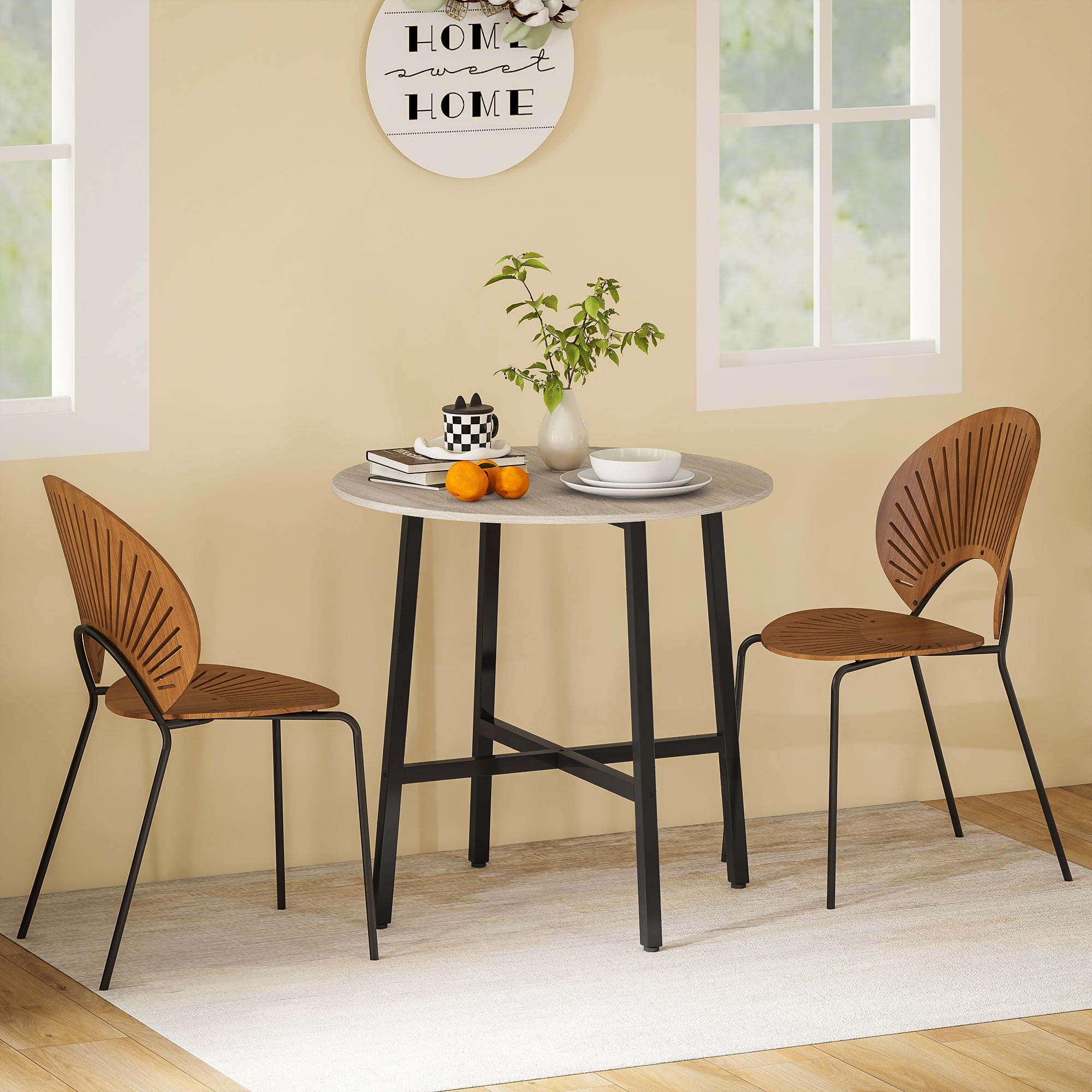 31.5'' Round Dining Table for 2 Person Industrial Style Kitchen Table with Wood Grain Tabletop and Steel Cross Base, Natural Wood