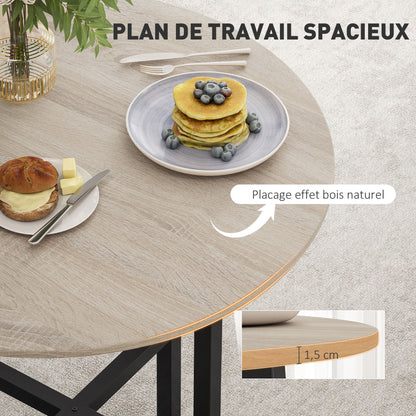 31.5'' Round Dining Table for 2 Person Industrial Style Kitchen Table with Wood Grain Tabletop and Steel Cross Base, Natural Wood