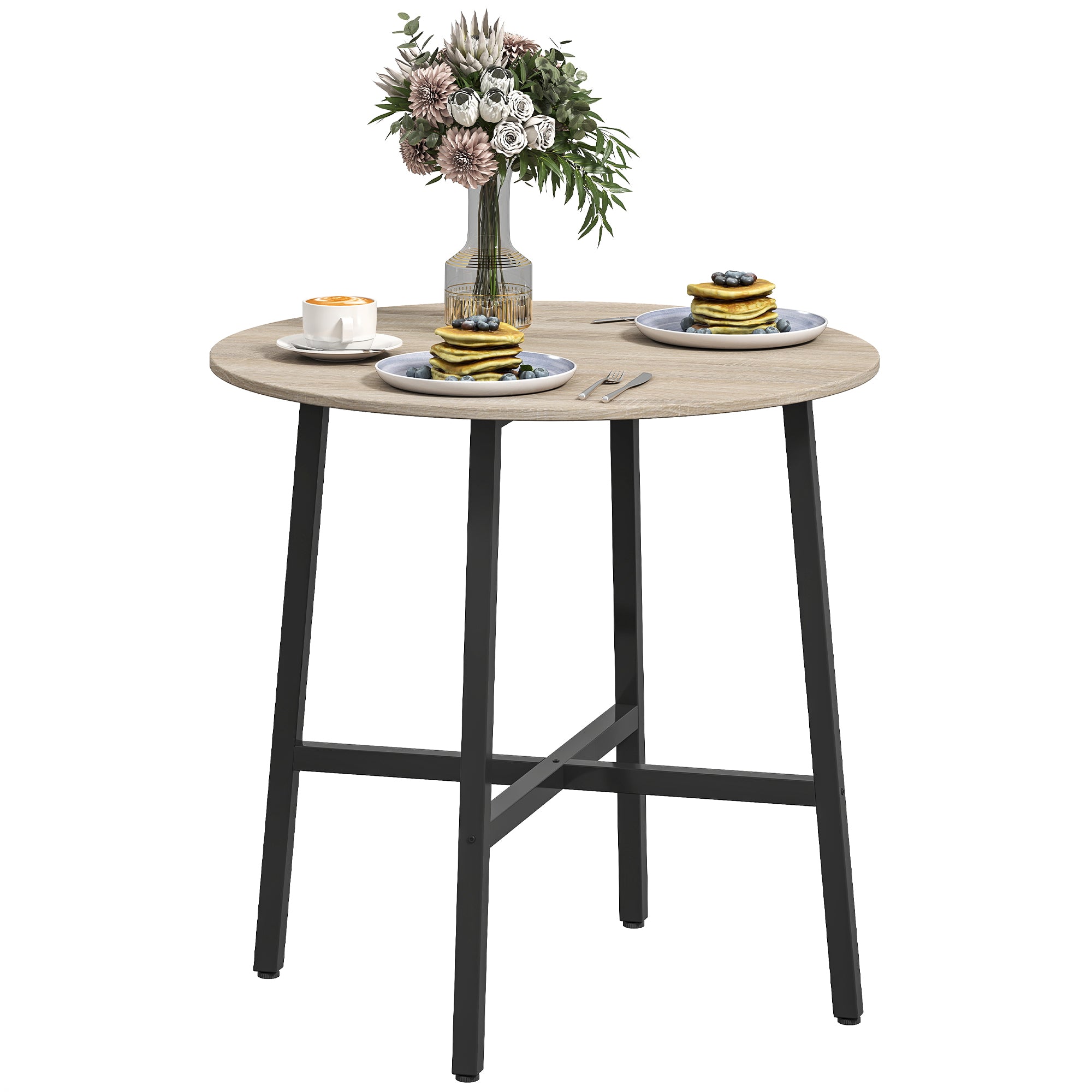 31.5'' Round Dining Table for 2 Person Industrial Style Kitchen Table with Wood Grain Tabletop and Steel Cross Base, Natural Wood