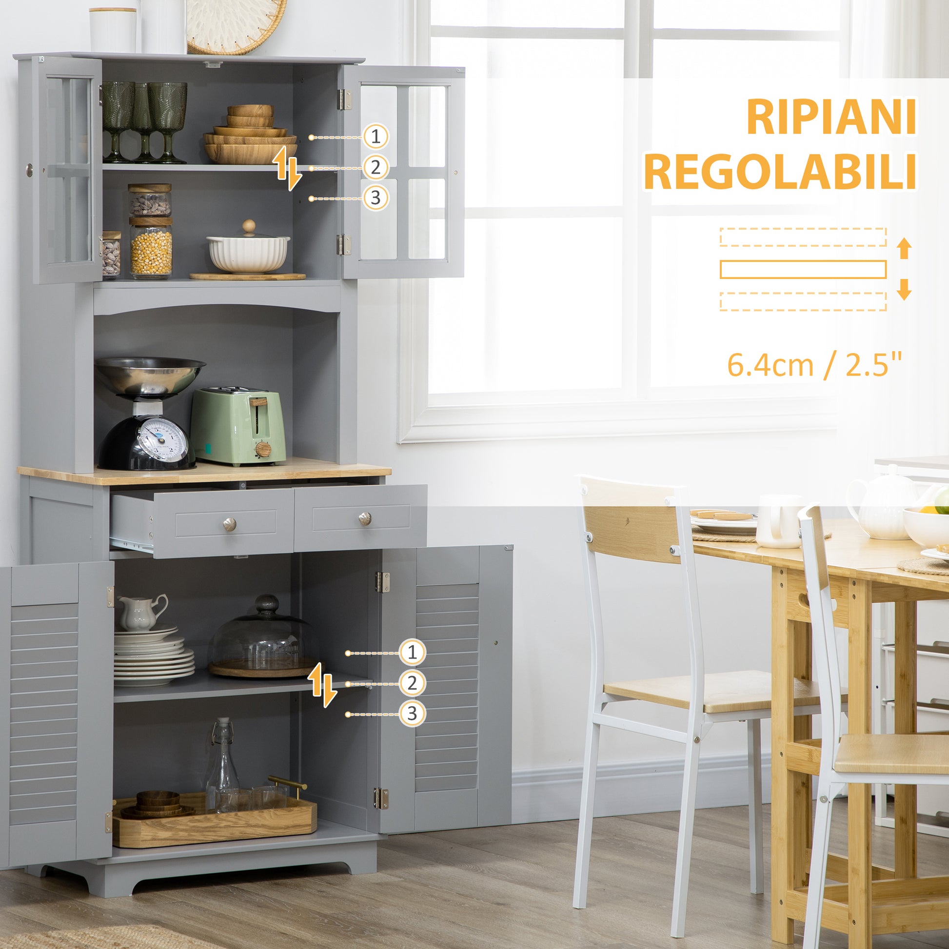 Tall Kitchen Credenza, MDF Buffet Cabinet, Classic Style Pantry Cabinet, Gray, 68x39.5x170cm