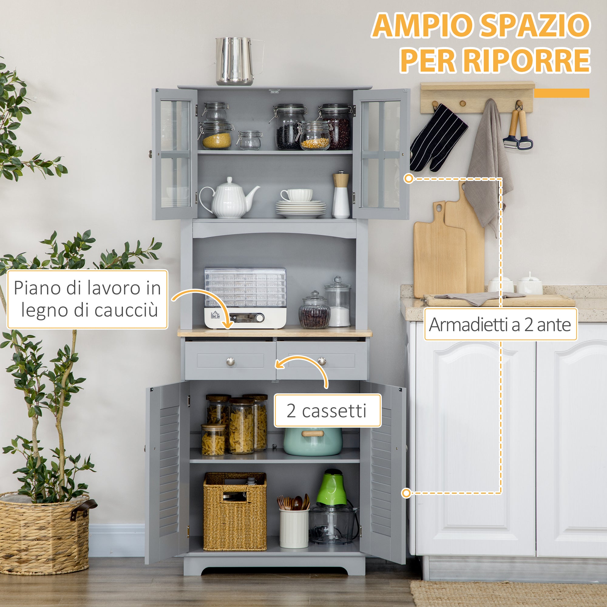 Tall Kitchen Credenza, MDF Buffet Cabinet, Classic Style Pantry Cabinet, Gray, 68x39.5x170cm