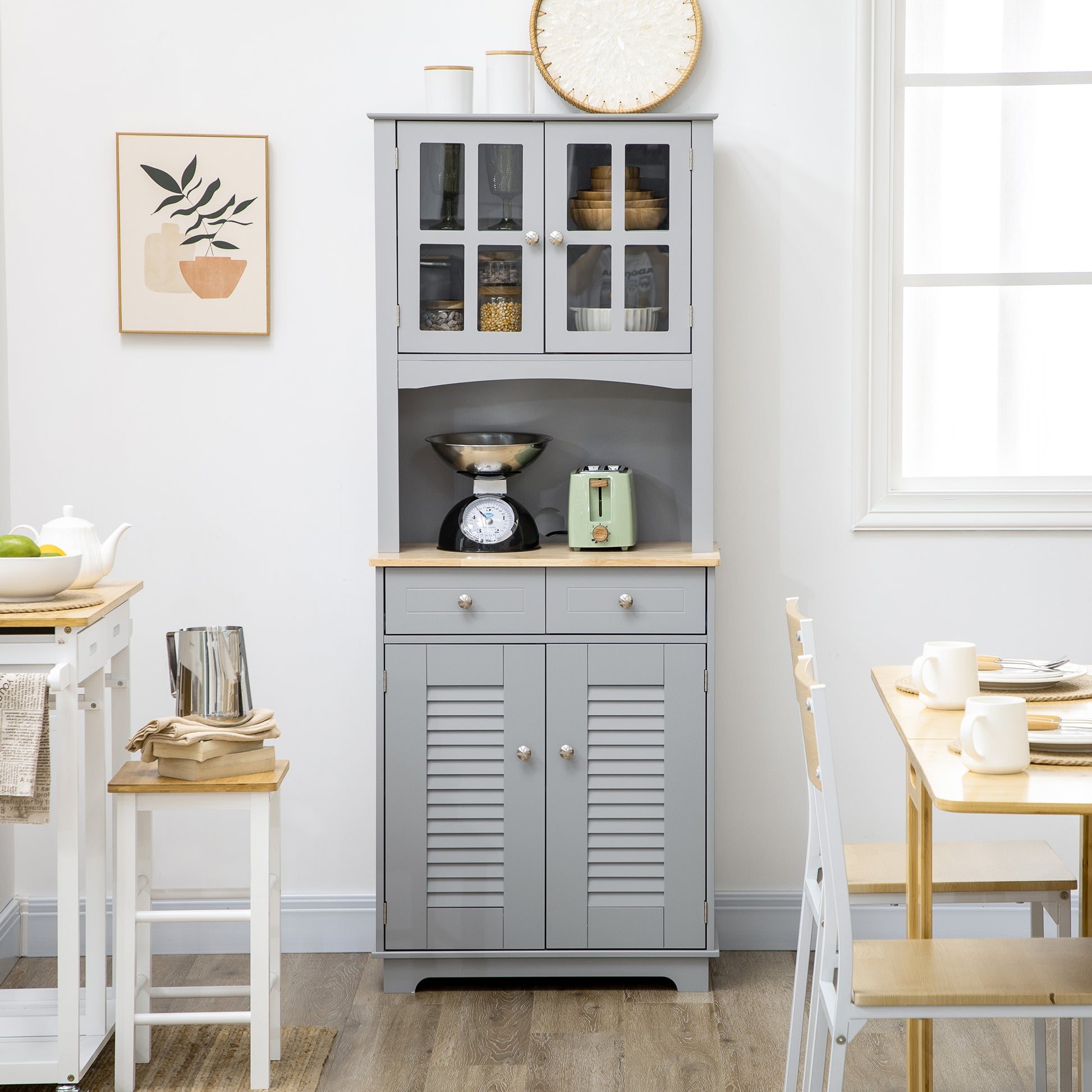 Tall Kitchen Credenza, MDF Buffet Cabinet, Classic Style Pantry Cabinet, Gray, 68x39.5x170cm
