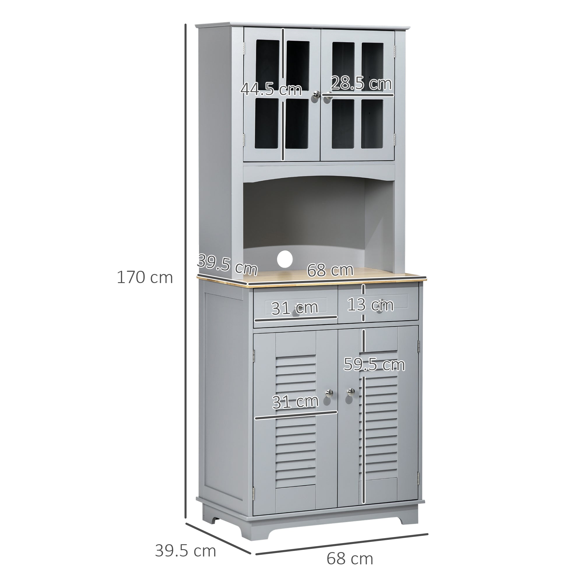 Tall Kitchen Credenza, MDF Buffet Cabinet, Classic Style Pantry Cabinet, Gray, 68x39.5x170cm
