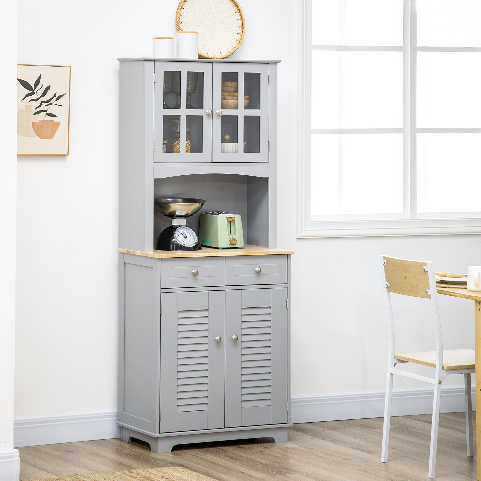 Tall Kitchen Credenza, MDF Buffet Cabinet, Classic Style Pantry Cabinet, Gray, 68x39.5x170cm