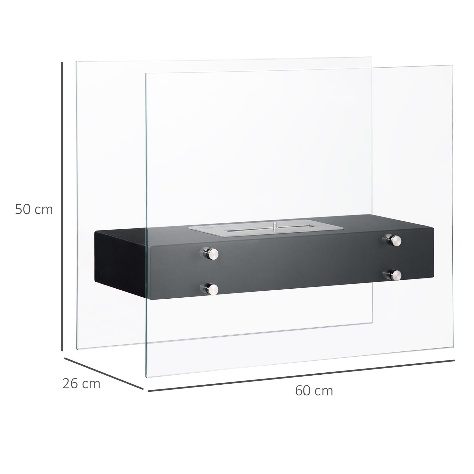 Freestanding Ethanol Fireplace in Metal and Tempered Glass with 1.5 L reservoir, approx. 3-hour burning time Coverage 25 m² - dim. 60L x 26W x 50H cm