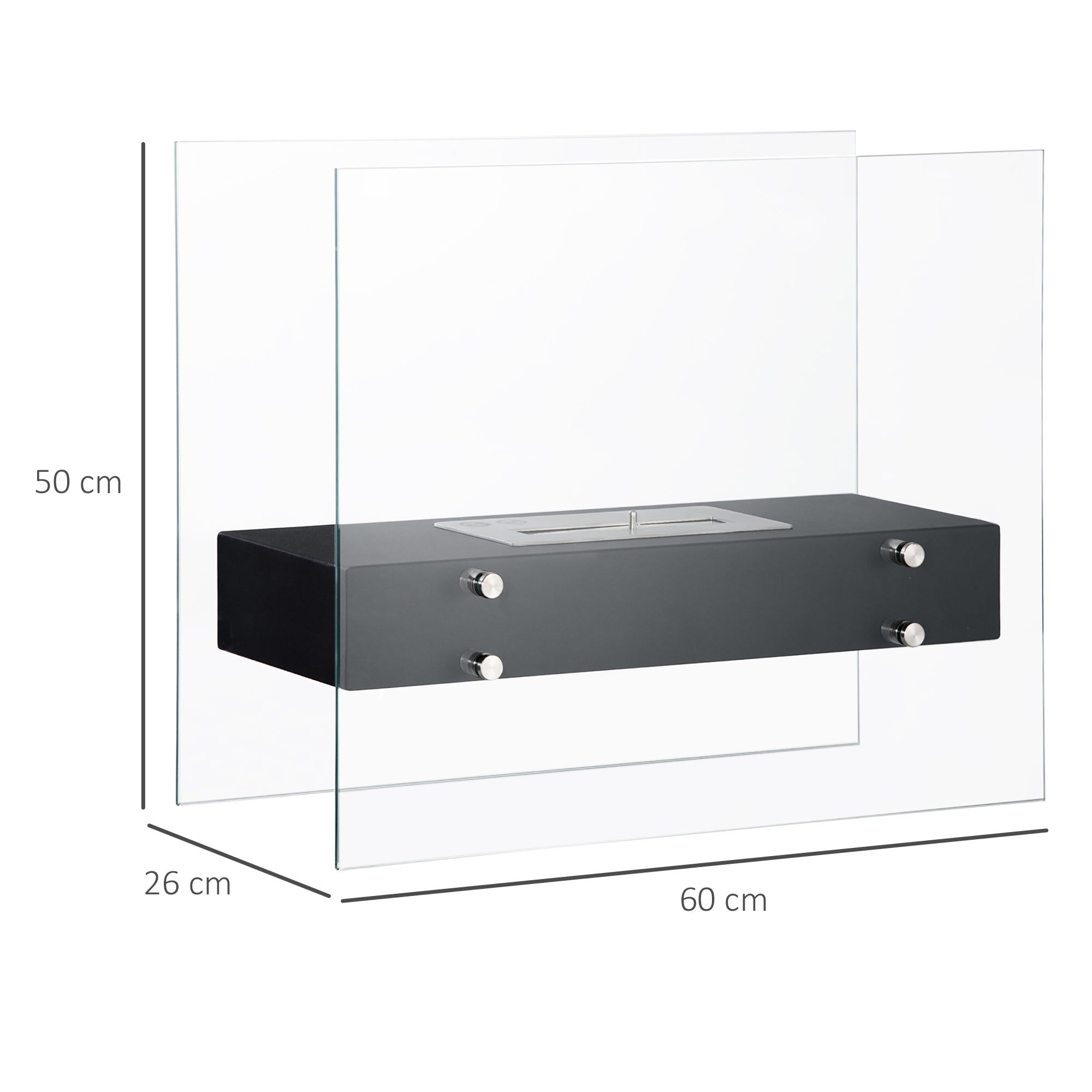 Freestanding Ethanol Fireplace in Metal and Tempered Glass with 1.5 L reservoir, approx. 3-hour burning time Coverage 25 m² - dim. 60L x 26W x 50H cm