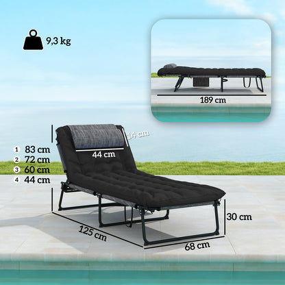 Folding Outdoor Sun Lounger with Pillow — 4-Position Adjustable Backrest, Side Pocket, Weather-Resistant — Supports up to 265 lb — Black