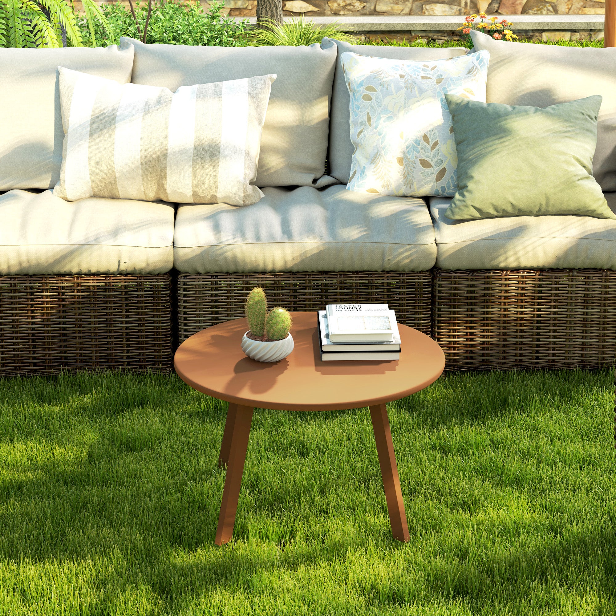 Small round coffee table, side table with non-slip feet, metal frame, for garden, balcony, terrace, living room, Ø 70 x 42 cm, orange