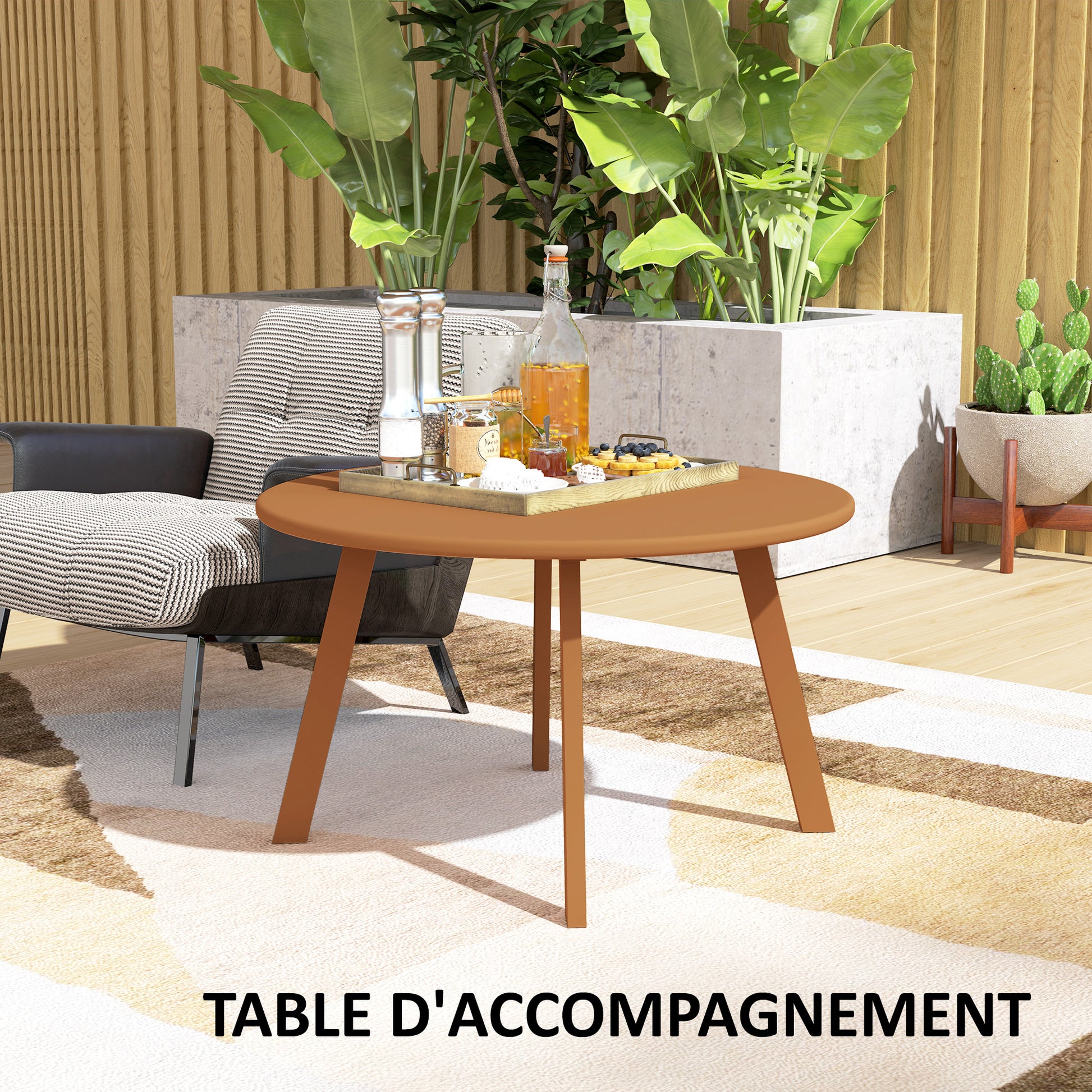 Small round coffee table, side table with non-slip feet, metal frame, for garden, balcony, terrace, living room, Ø 70 x 42 cm, orange