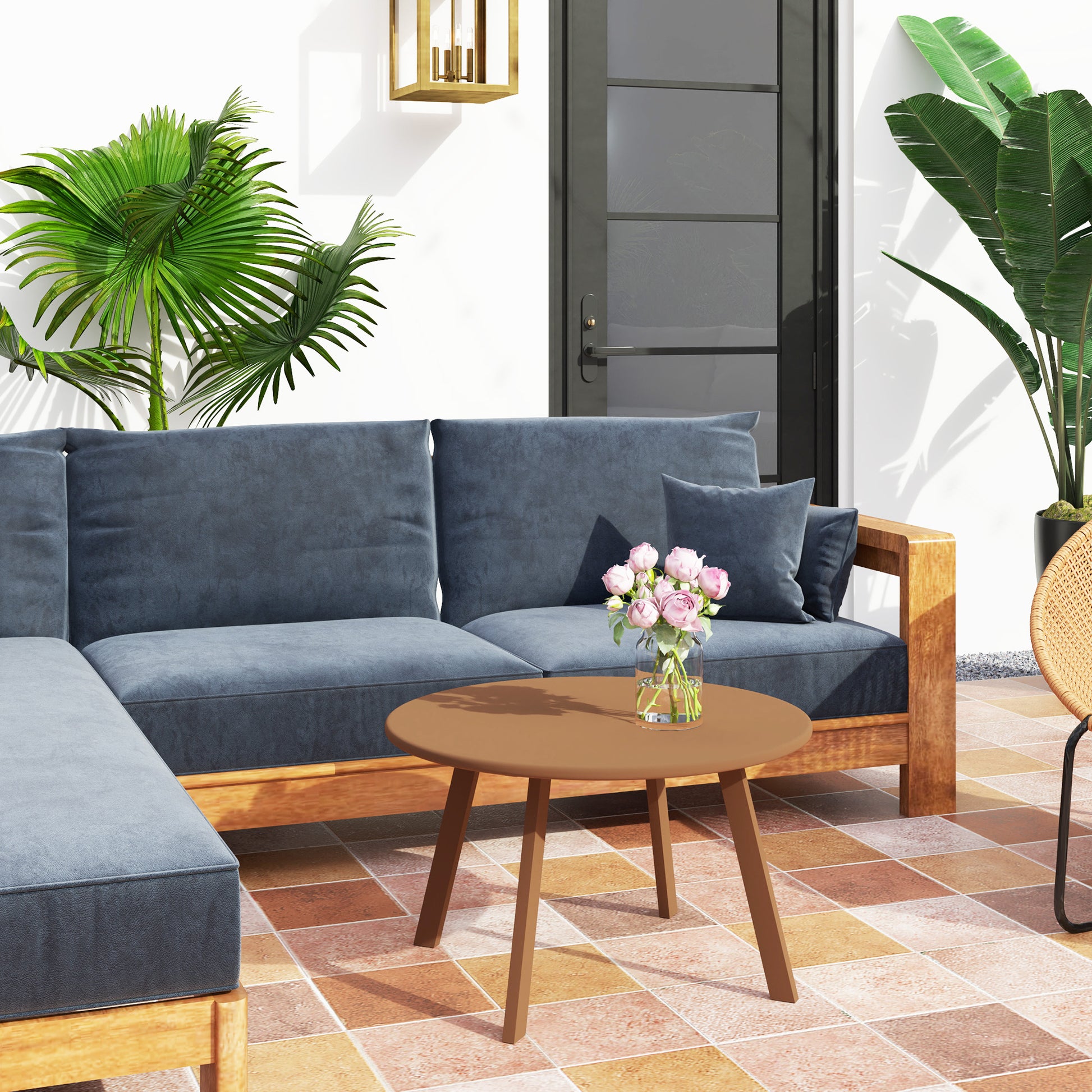 Small round coffee table, side table with non-slip feet, metal frame, for garden, balcony, terrace, living room, Ø 70 x 42 cm, orange